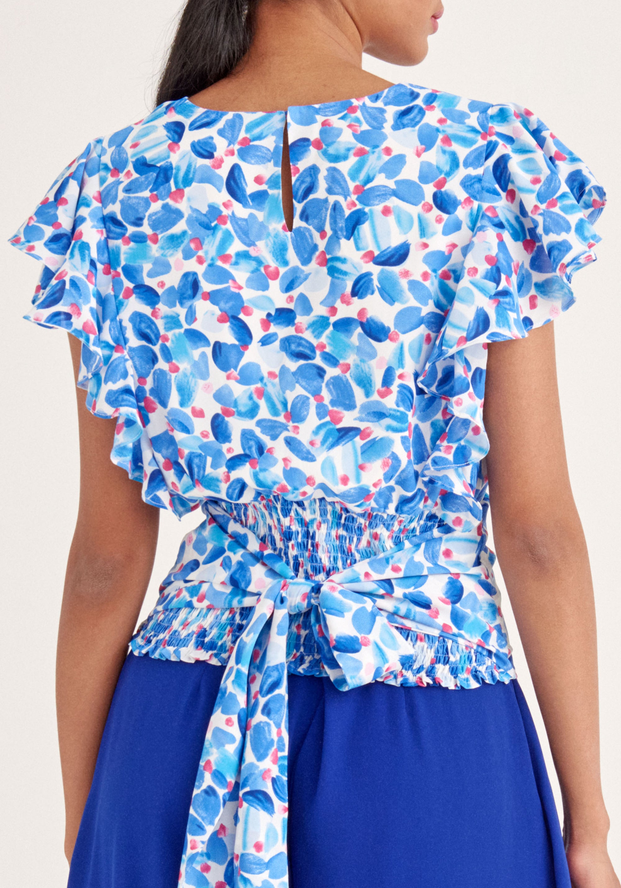 Paisie Floral Wrap Top with Frills in Blue Close Up