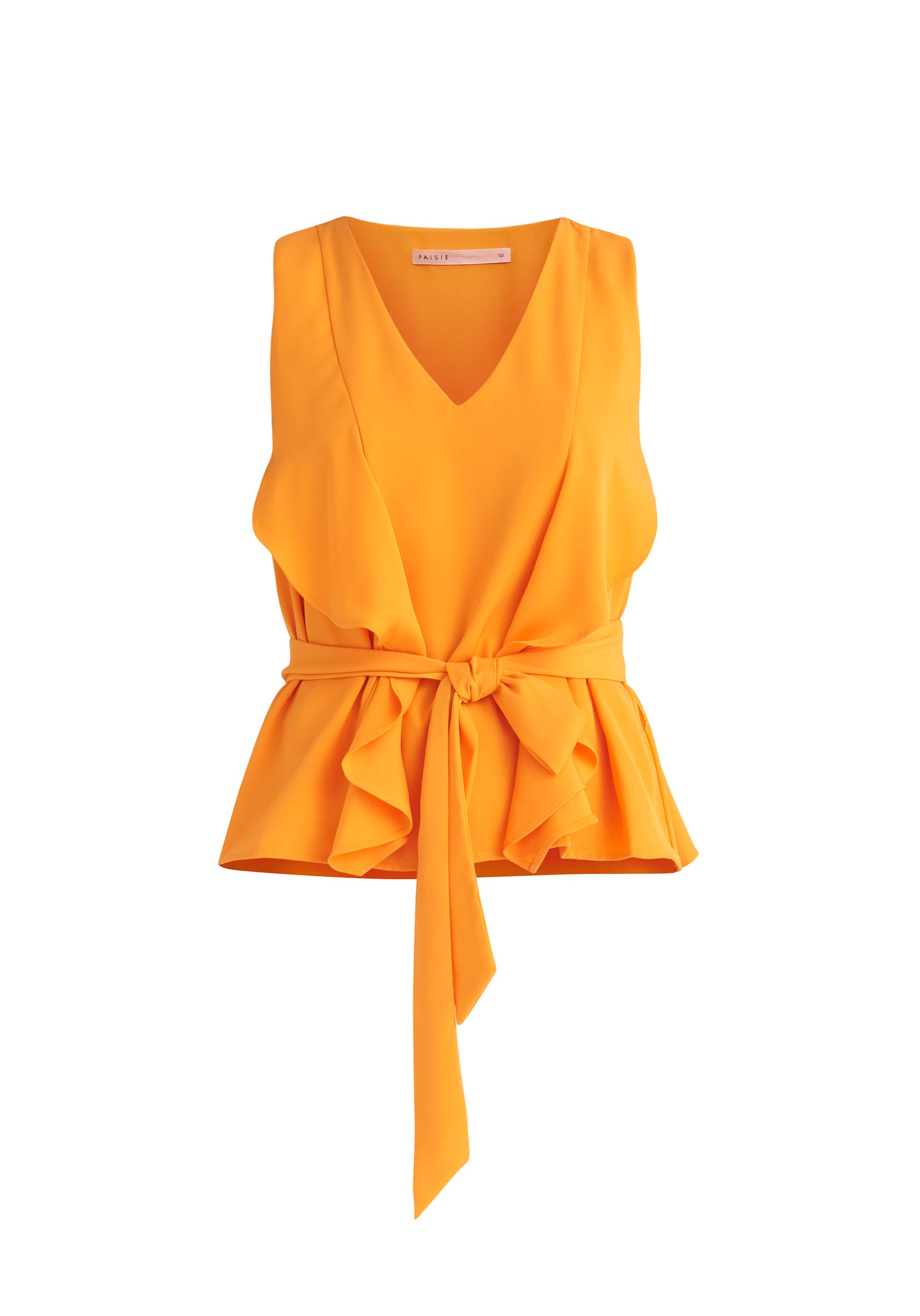 Paisie Sleeveless Frilled V-Neck Blouse in Orange Cut Out