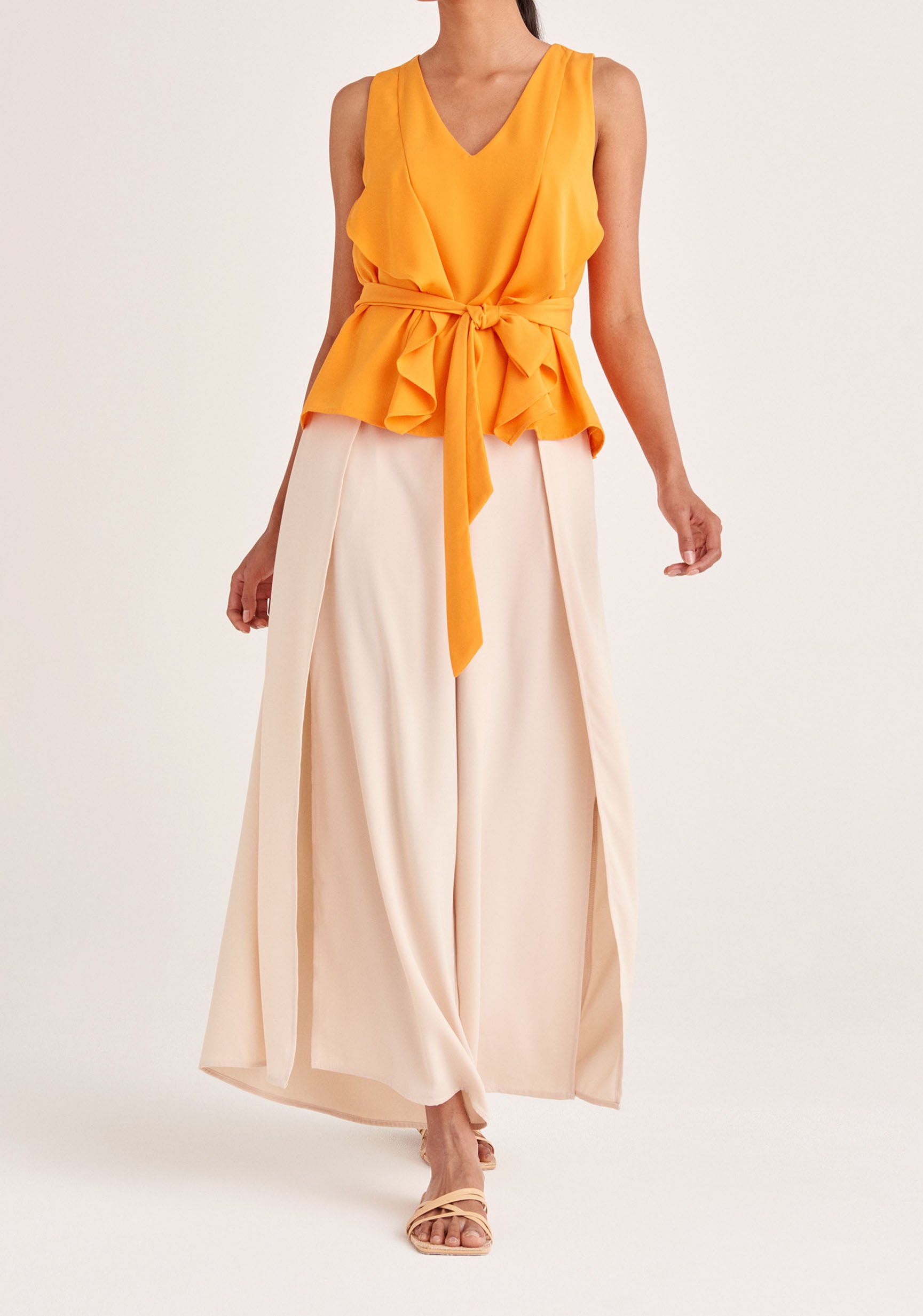 Paisie Sleeveless Frilled V-Neck Blouse in Orange