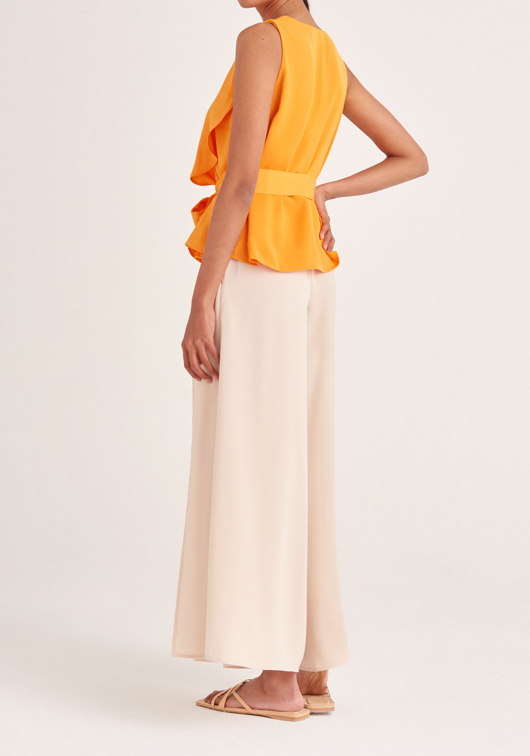 Paisie Sleeveless Frilled V-Neck Blouse in Orange Back