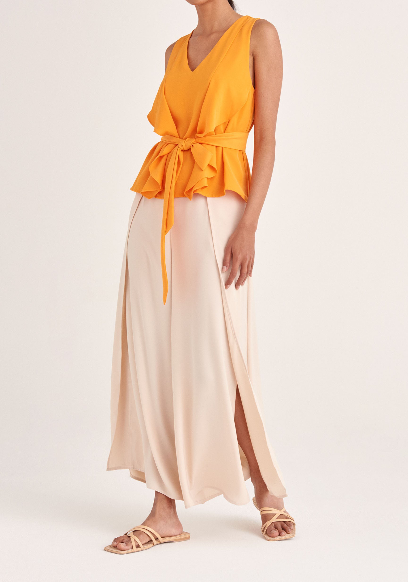 Paisie Sleeveless Frilled V-Neck Blouse in Orange