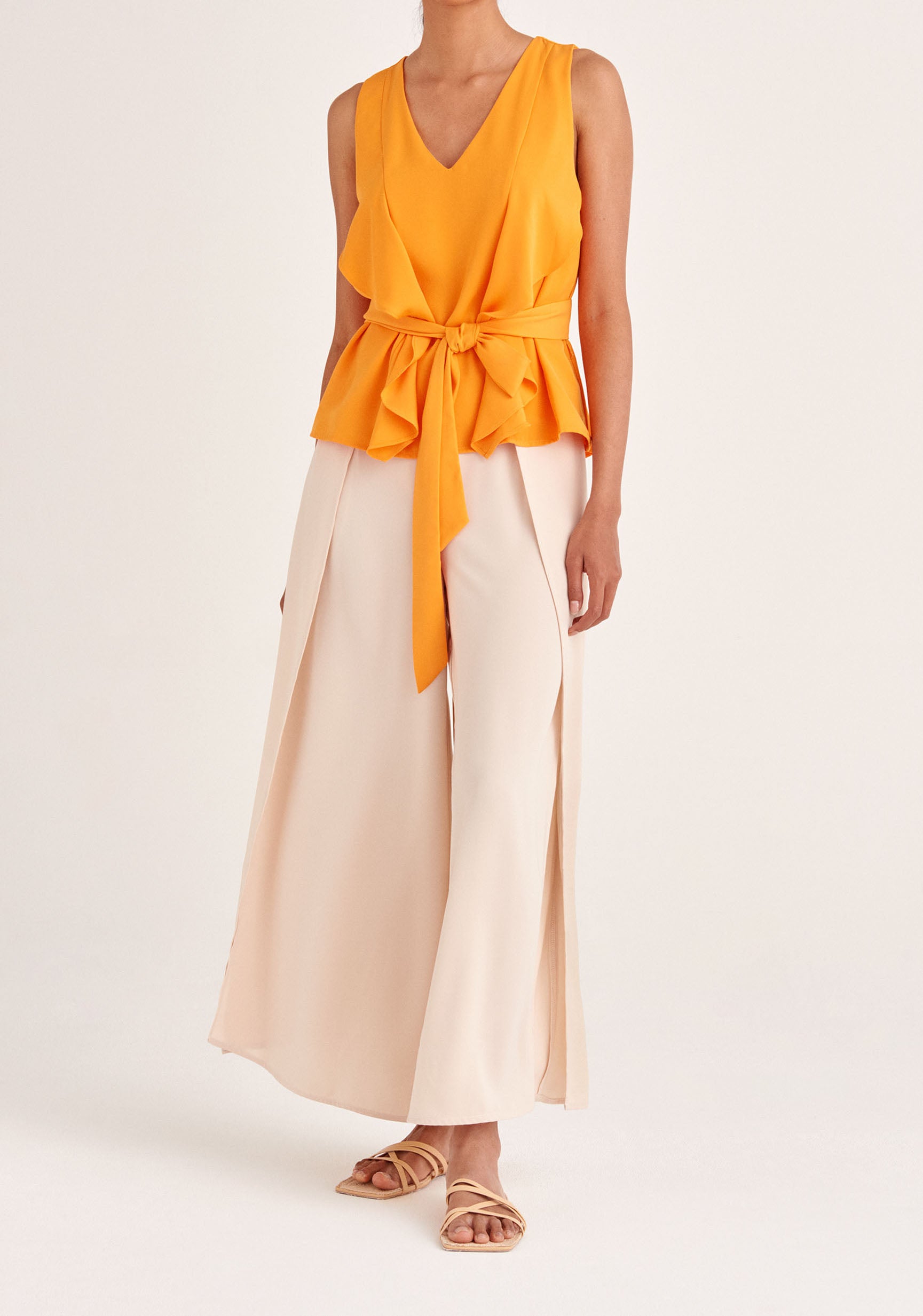 Paisie Sleeveless Frilled V-Neck Blouse in Orange