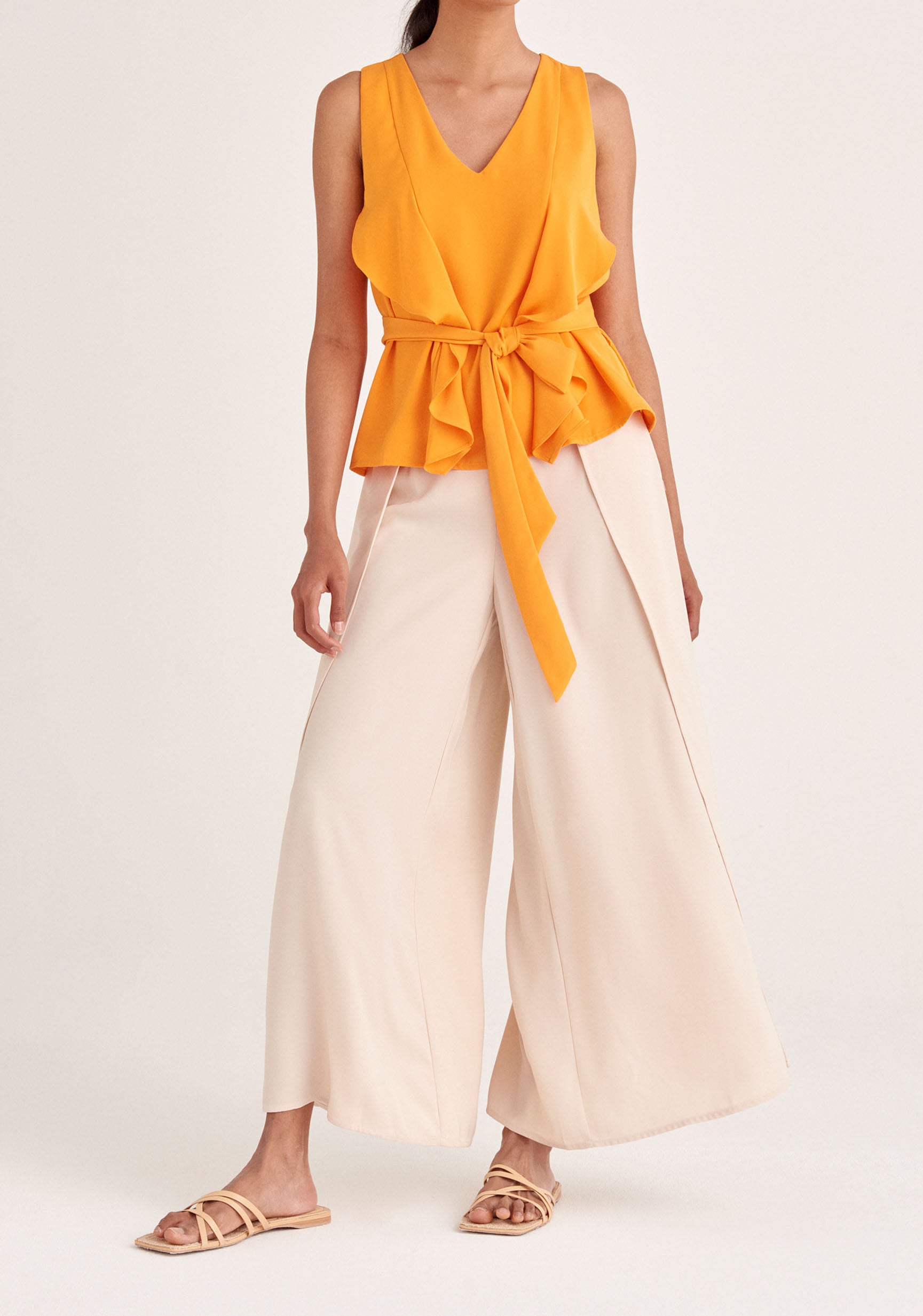 Paisie Sleeveless Frilled V-Neck Blouse in Orange