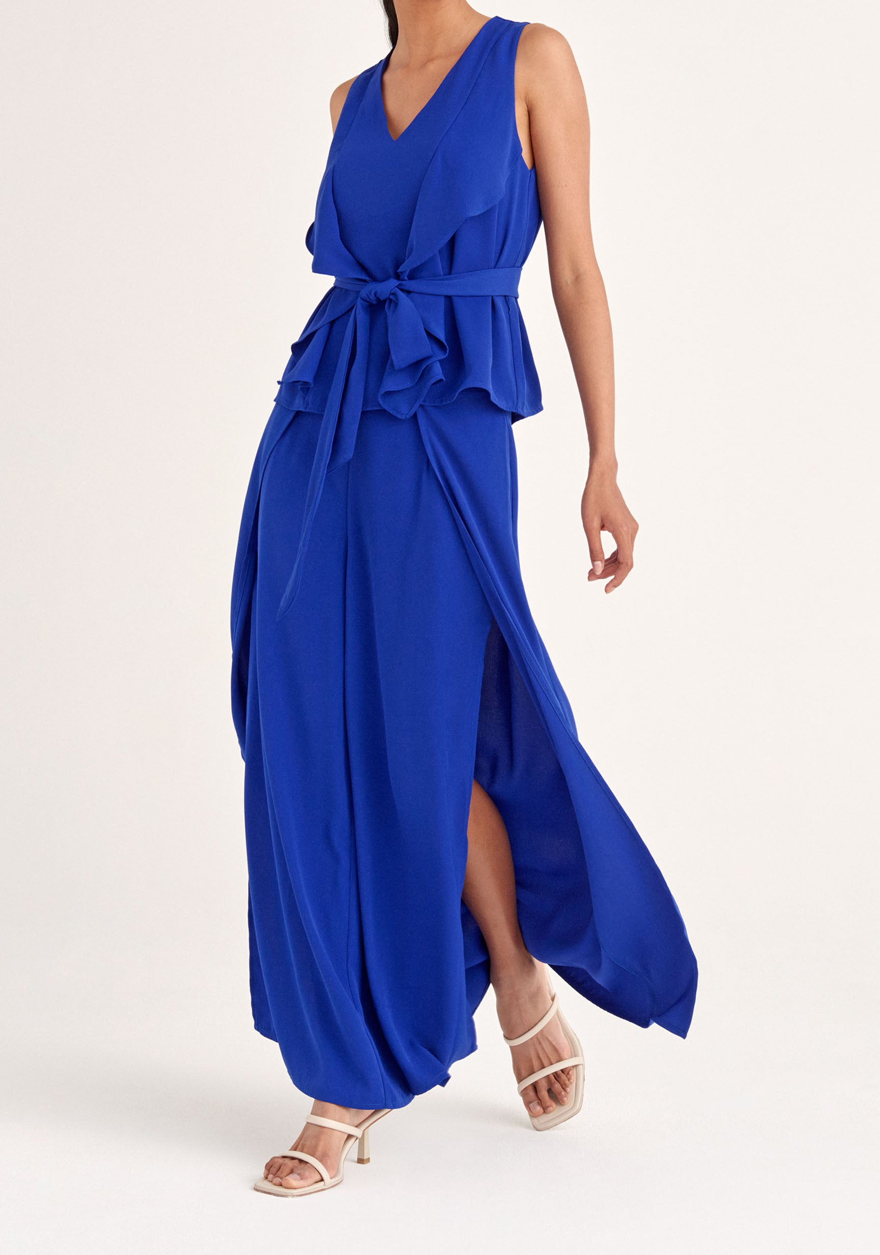 Paisie Sleeveless Frilled V-Neck Blouse in Royal Blue