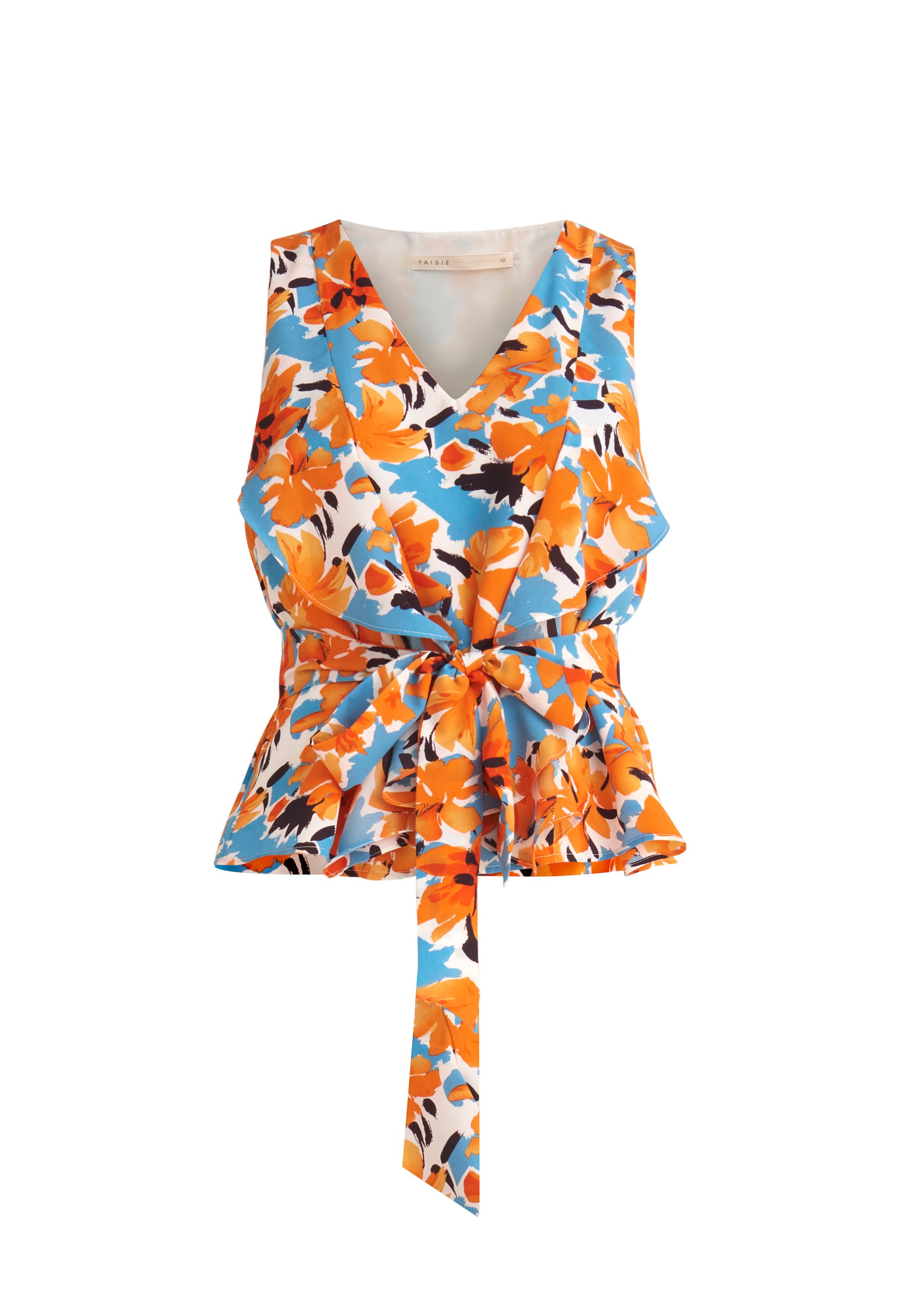 Paisie Floral Sleeveless Frilled V-Neck Blouse in Orange Cut Out