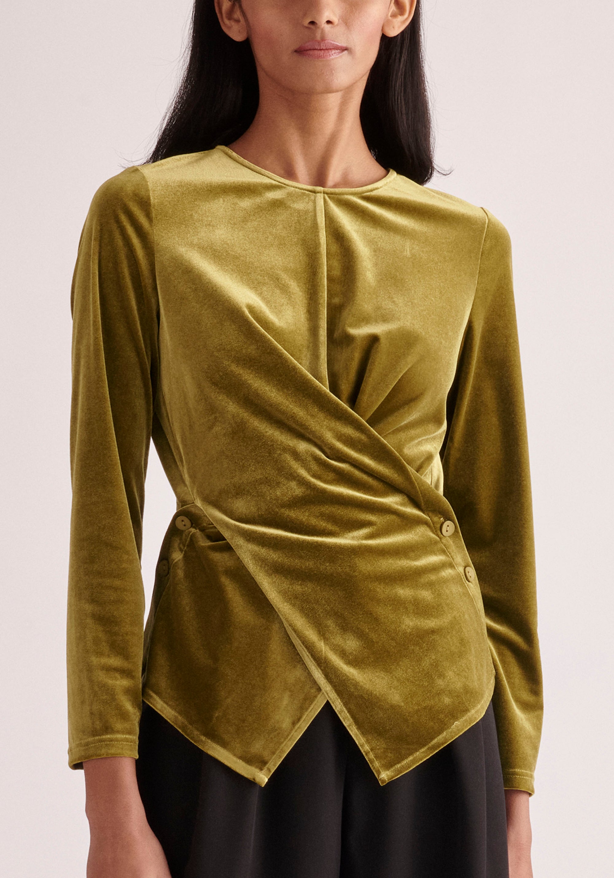 Paisie Draped Velvet Top in Olive Green Close Up