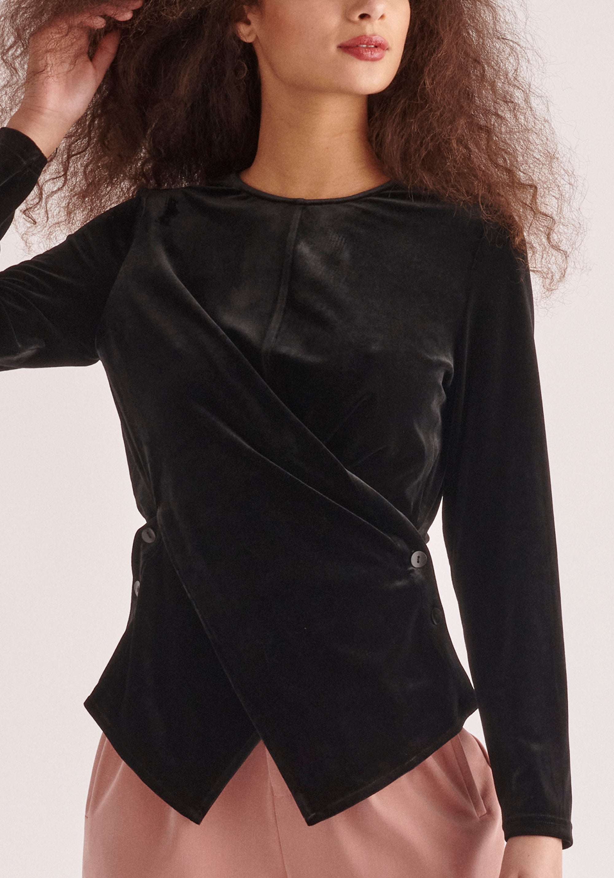 Paisie Draped Velvet Top in Black Close Up