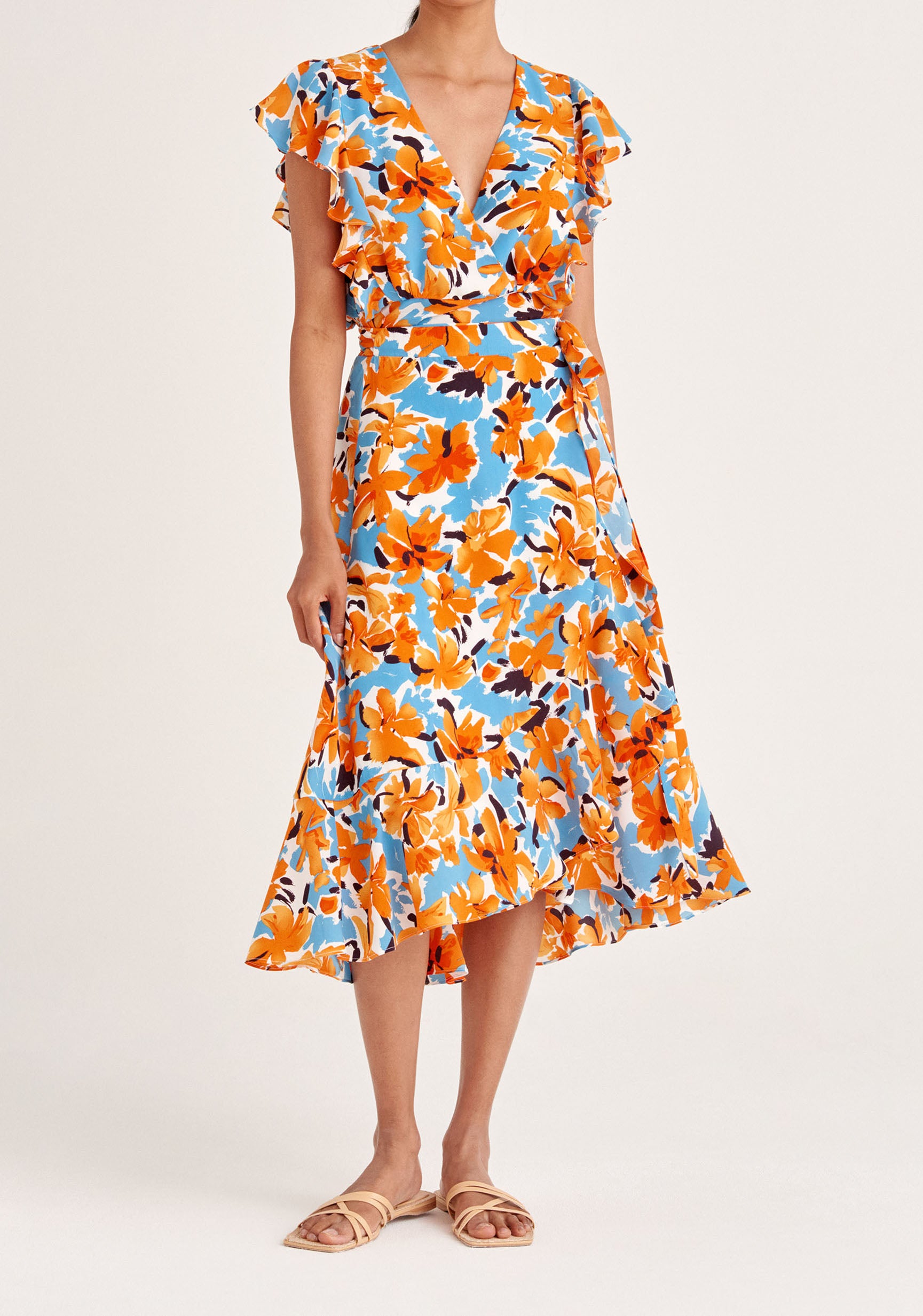 Paisie Floral Wrap Skirt with Frills in Orange