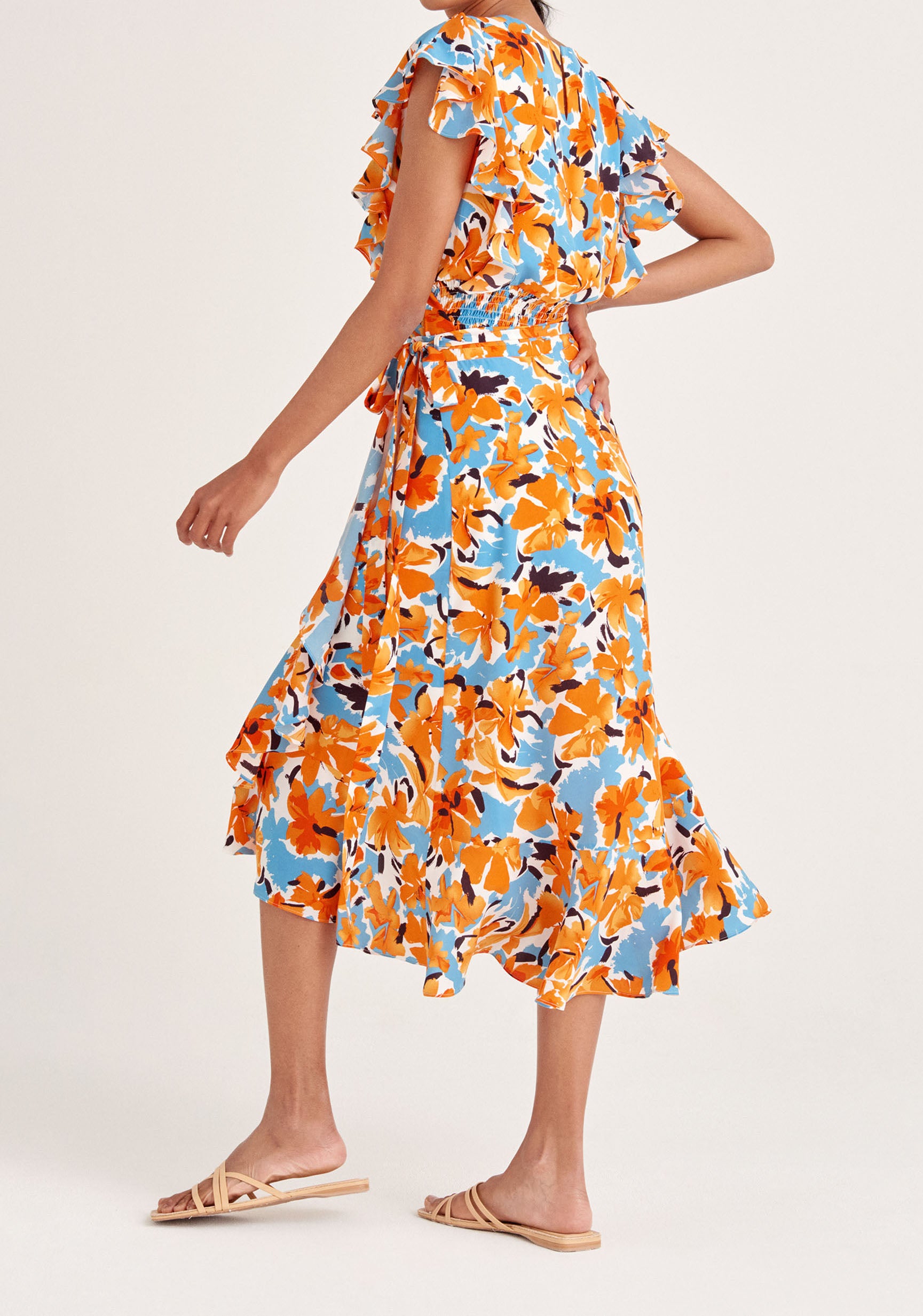 Paisie Floral Wrap Skirt with Frills in Orange Back