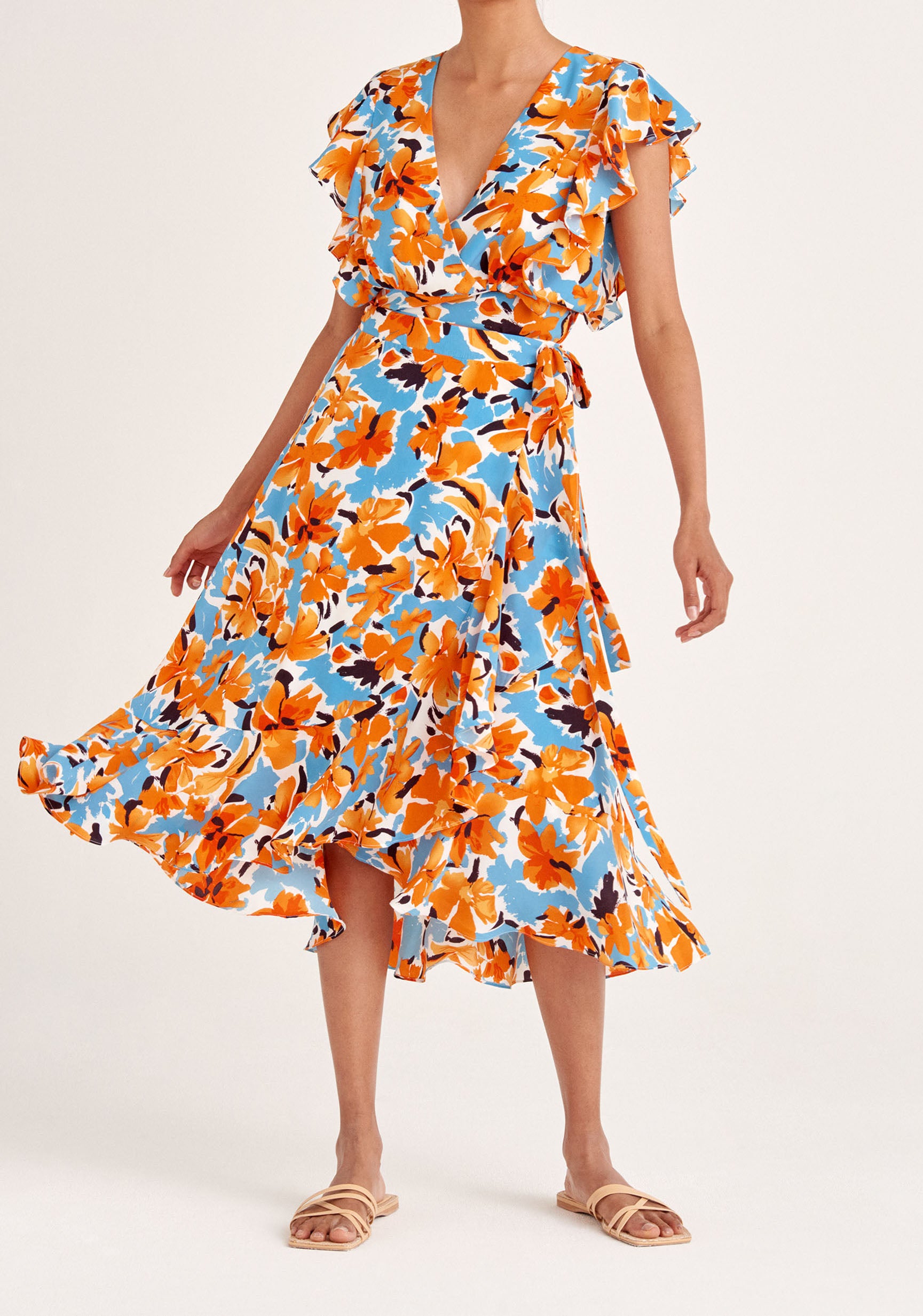 Paisie Floral Wrap Skirt with Frills in Orange