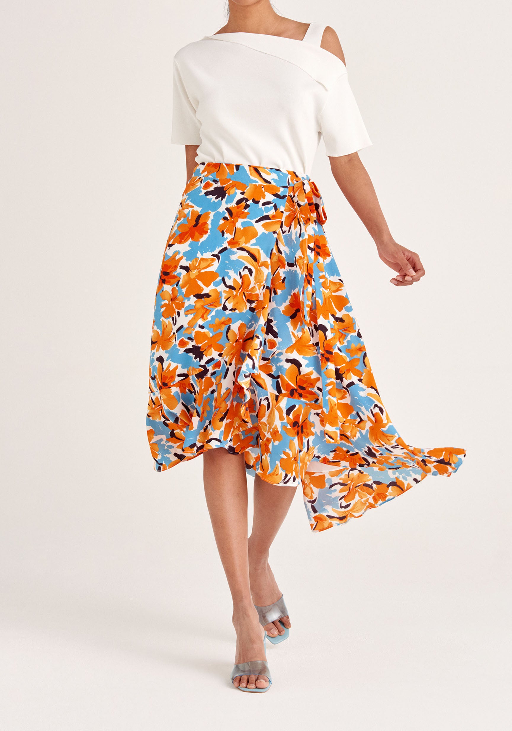 Paisie Floral Wrap Skirt with Frills in Orange