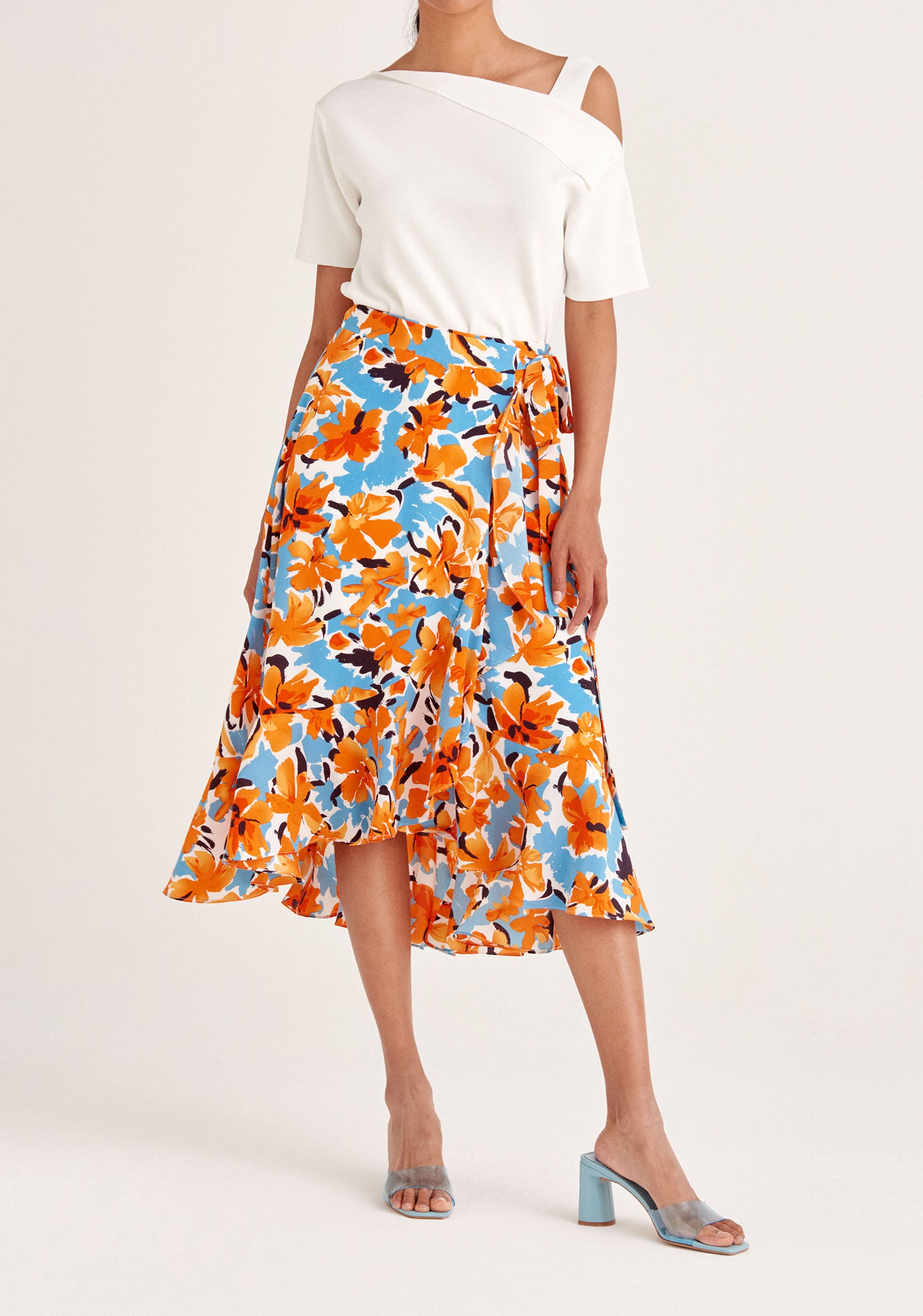 Paisie Floral Wrap Skirt with Frills in Orange