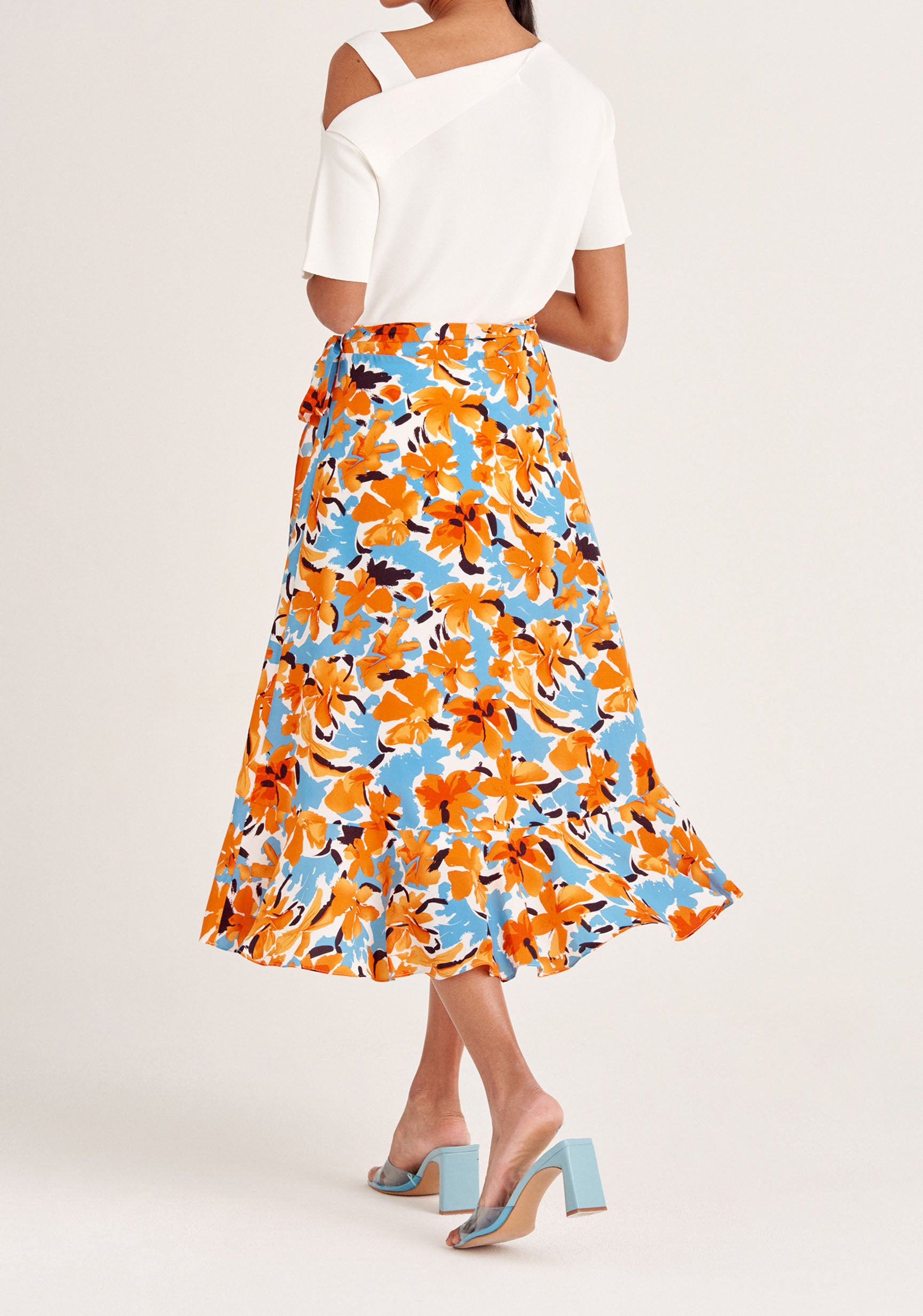 Paisie Floral Wrap Skirt with Frills in Orange Back