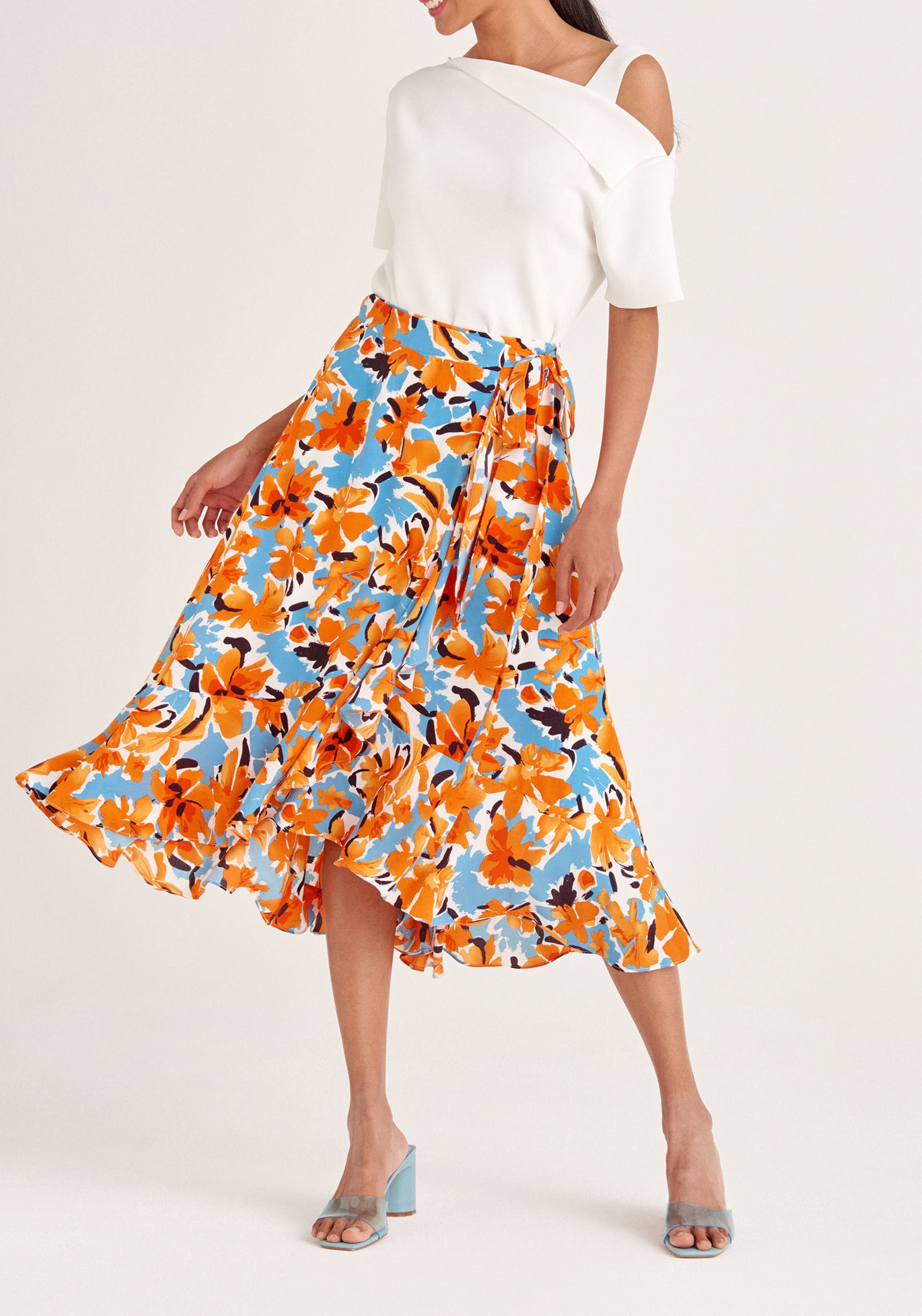 Paisie Floral Wrap Skirt with Frills in Orange