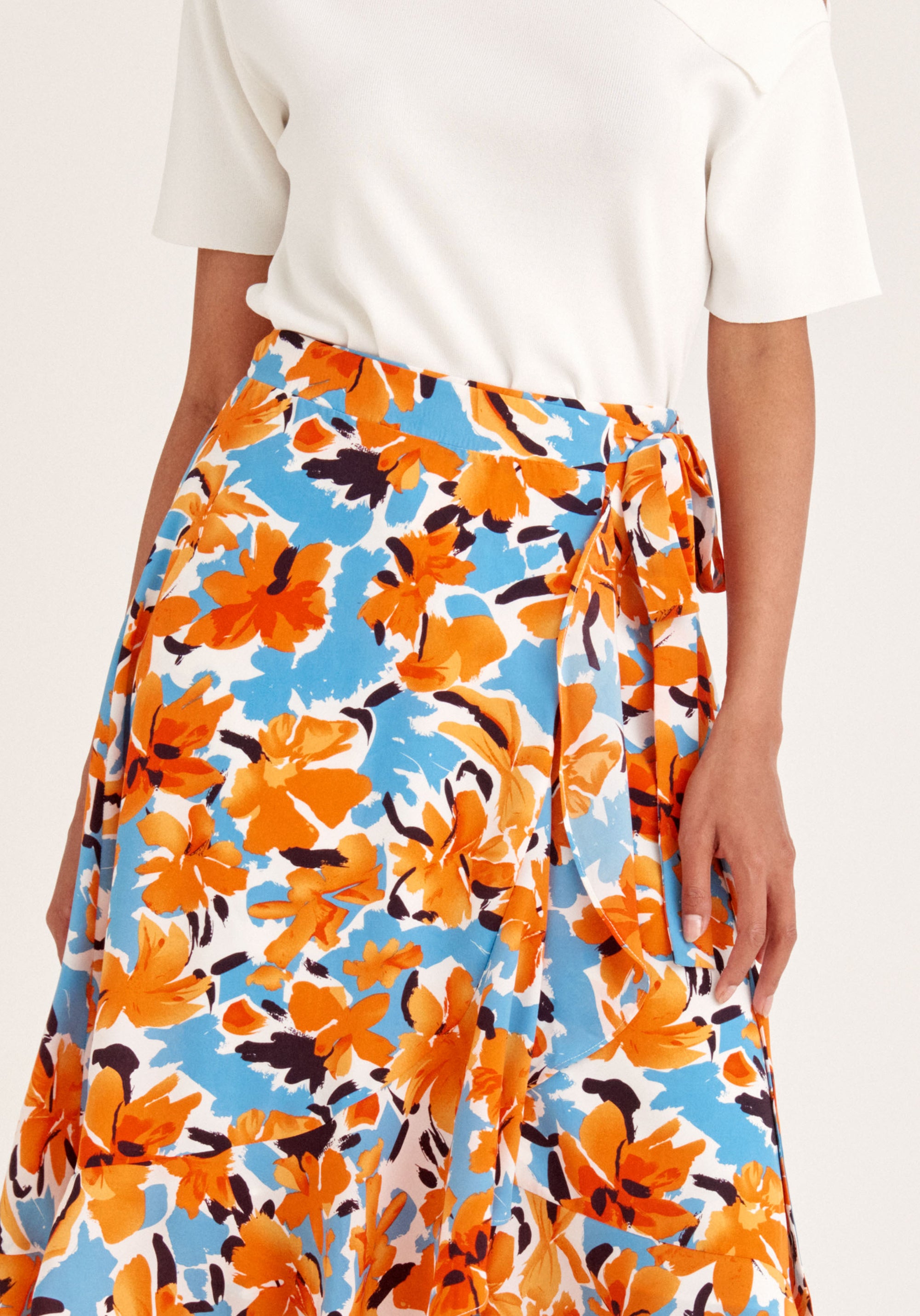 Paisie Floral Wrap Skirt with Frills in Orange Close Up