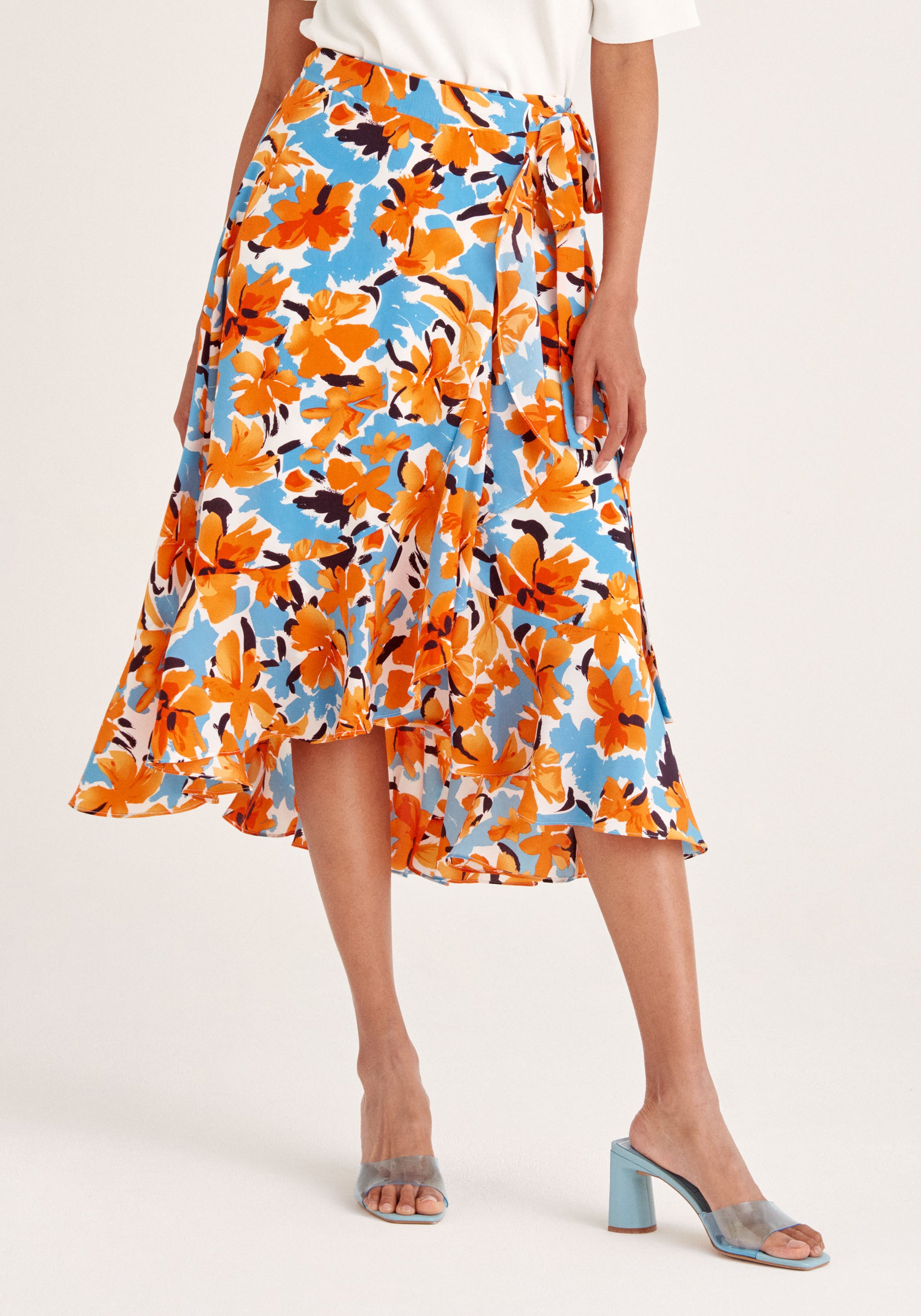 Paisie Floral Wrap Skirt with Frills in Orange