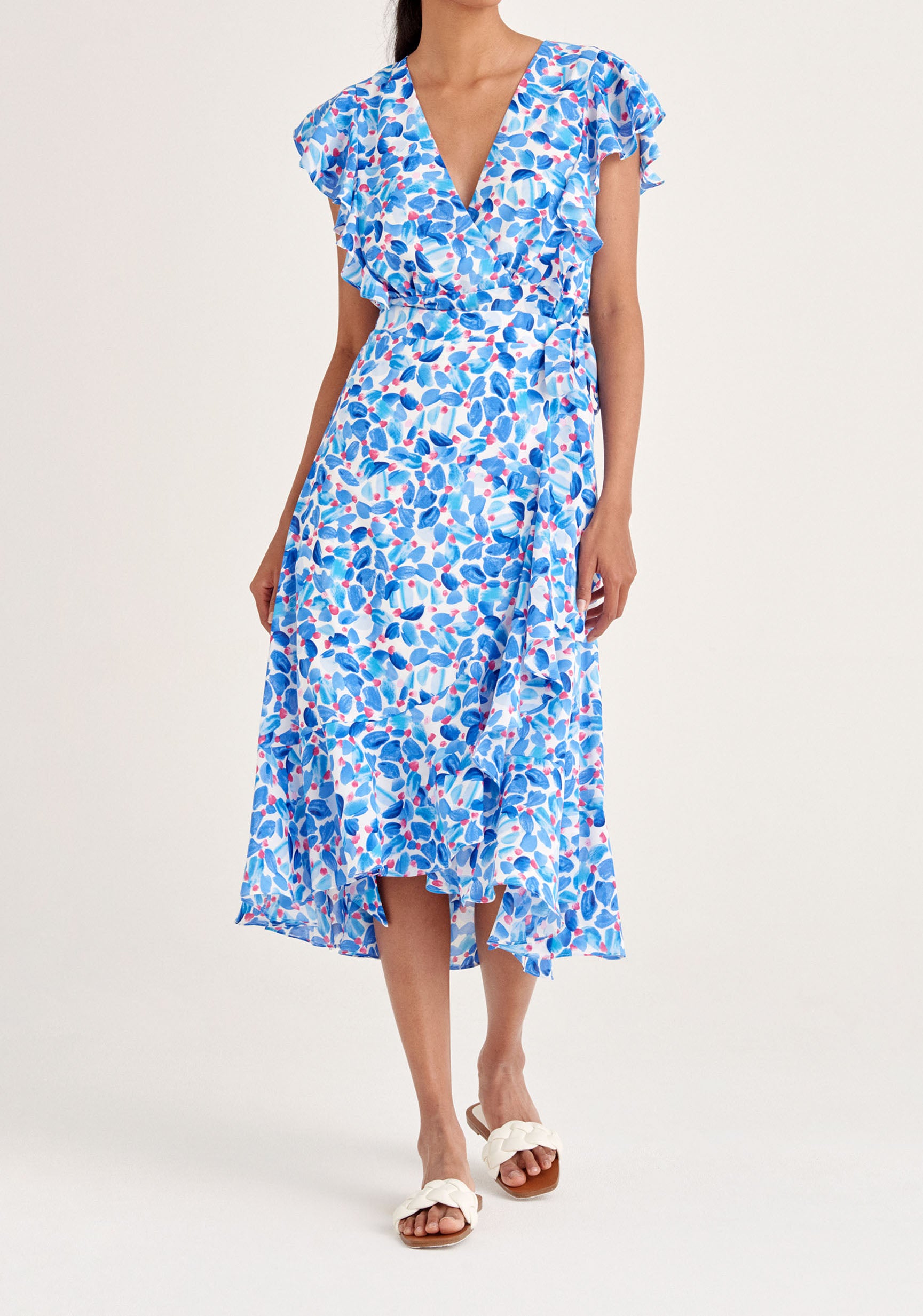 Paisie Floral Wrap Skirt with Frills in Blue