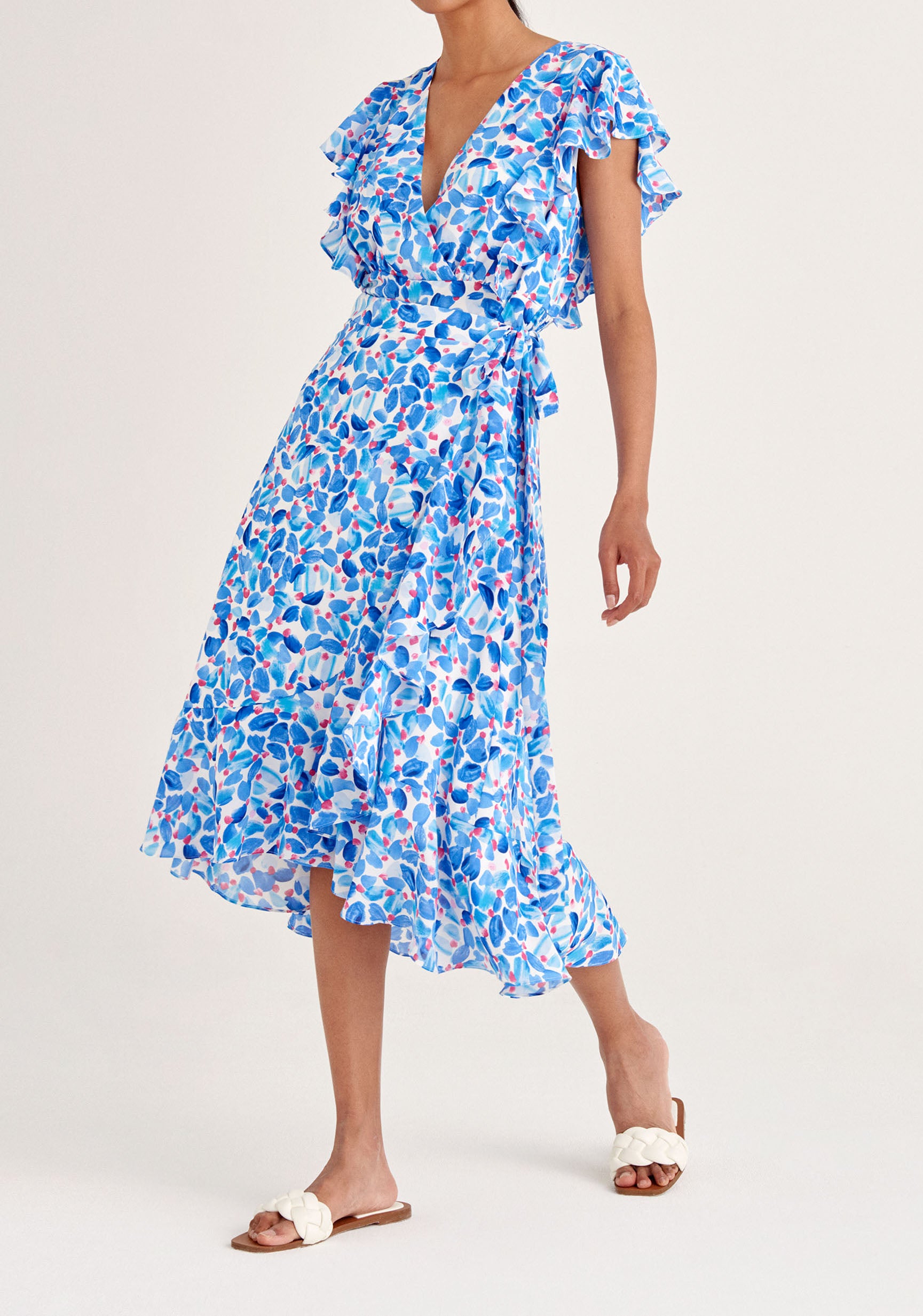 Paisie Floral Wrap Skirt with Frills in Blue