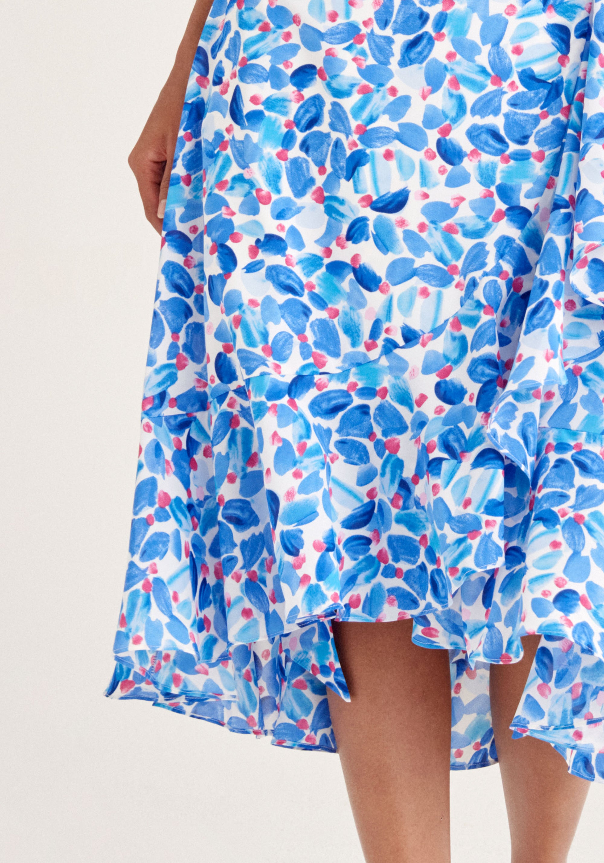 Paisie Floral Wrap Skirt with Frills in Blue Close Up