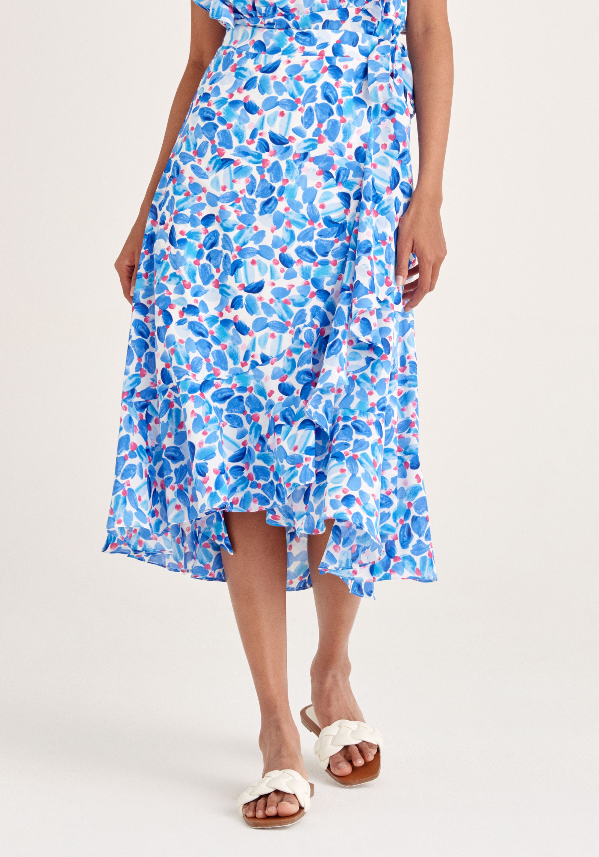 Paisie Floral Wrap Skirt with Frills in Blue