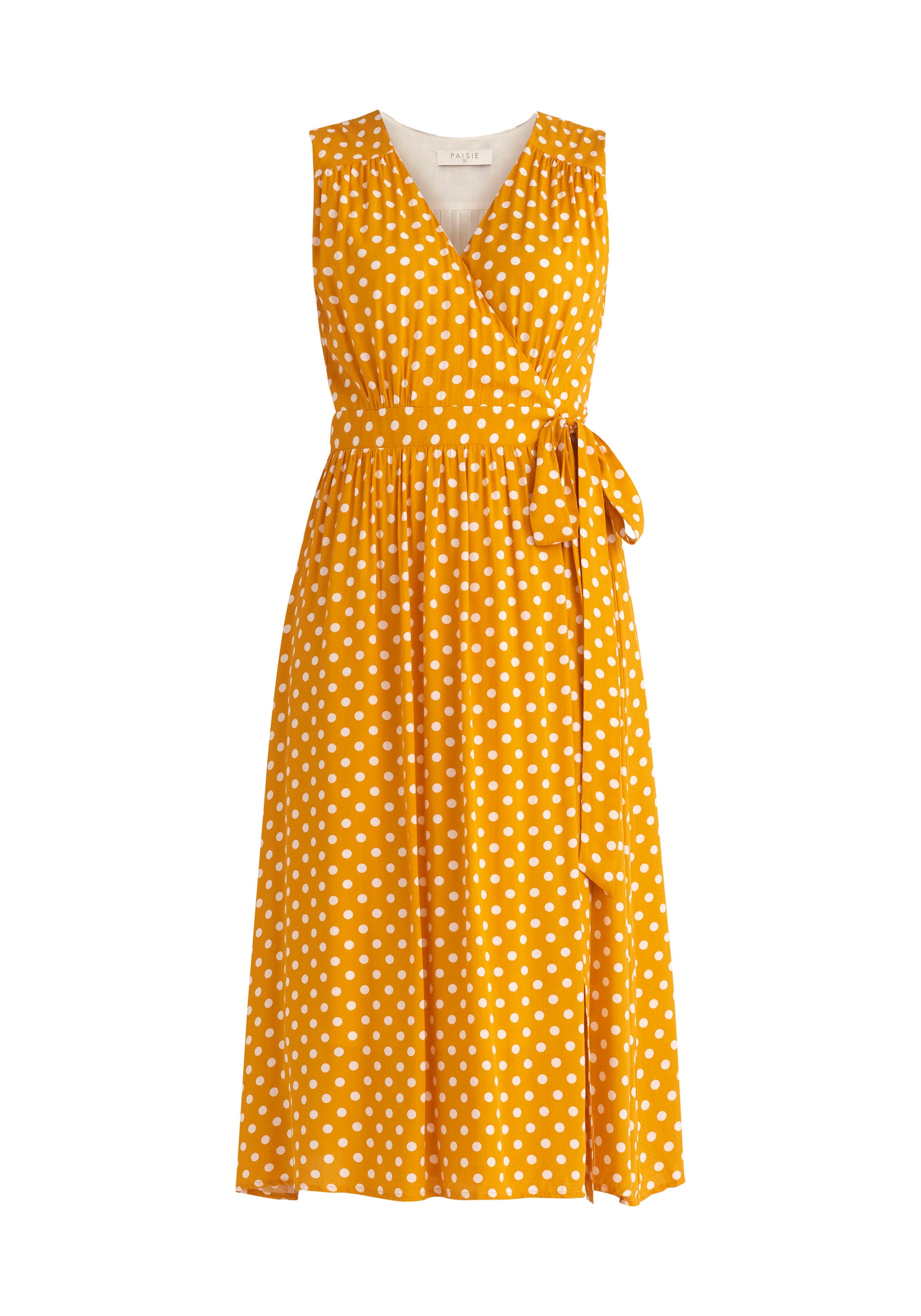 Paisie Sleeveless Polka Dot Wrap Dress in Yellow and White Cut Out