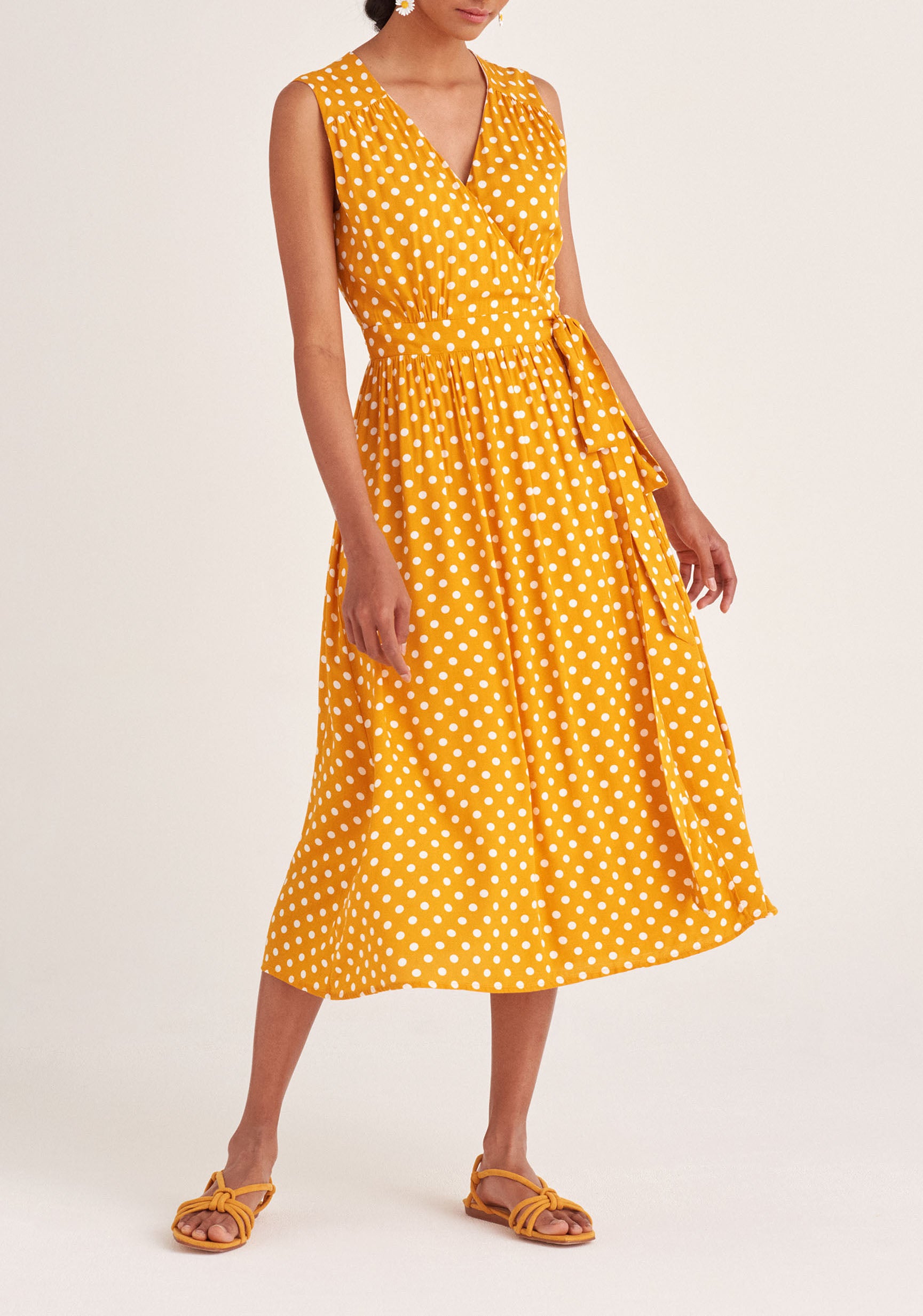 Paisie Sleeveless Polka Dot Wrap Dress in Yellow and White