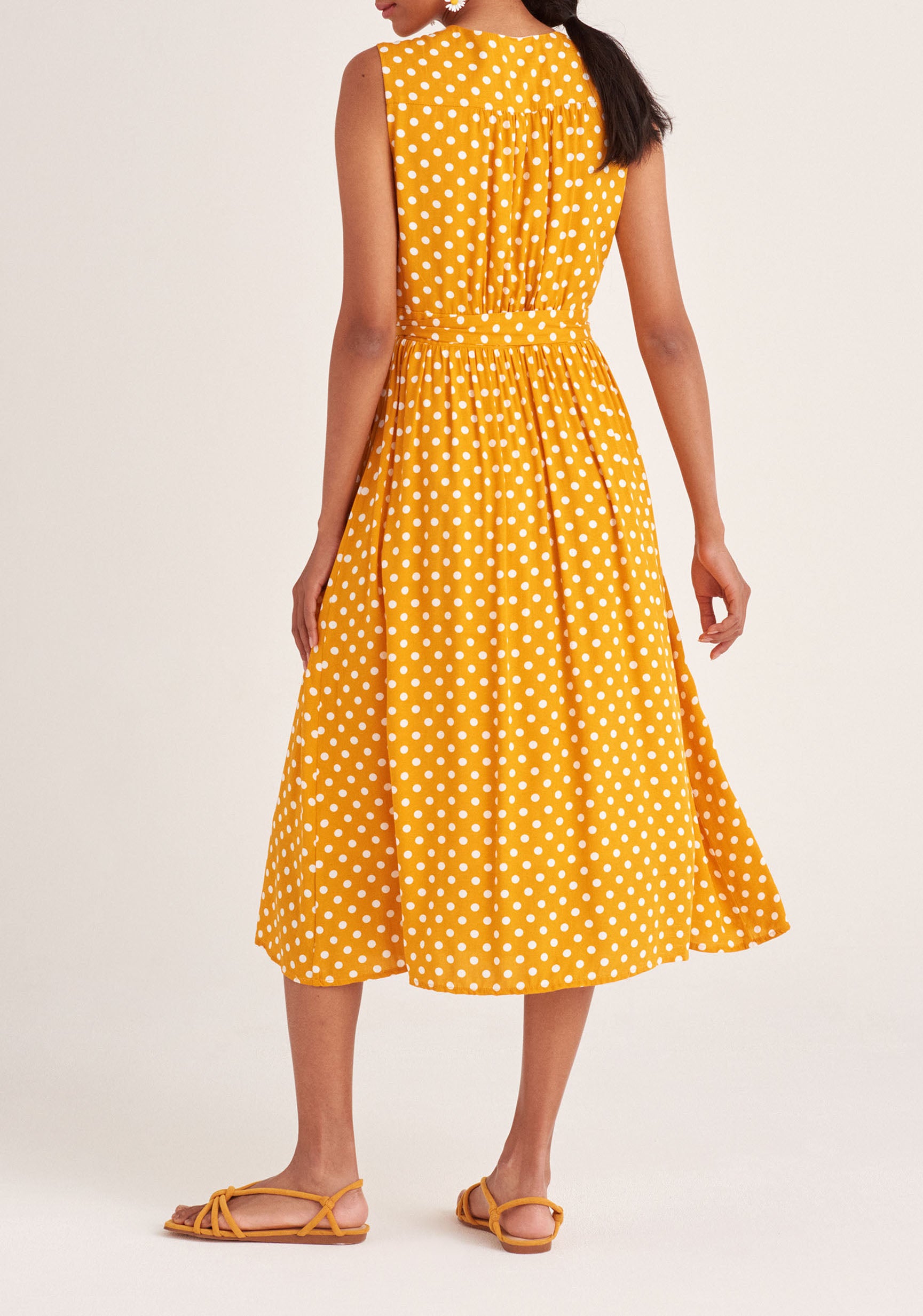 Paisie Sleeveless Polka Dot Wrap Dress in Yellow and White Back