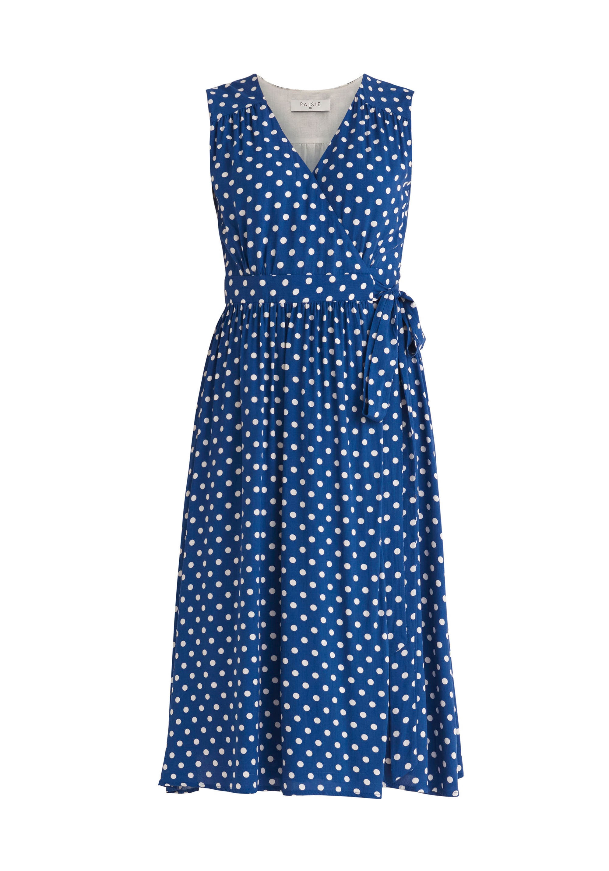 Paisie Sleeveless Polka Dot Wrap Dress in Dark Blue and White Cut Out