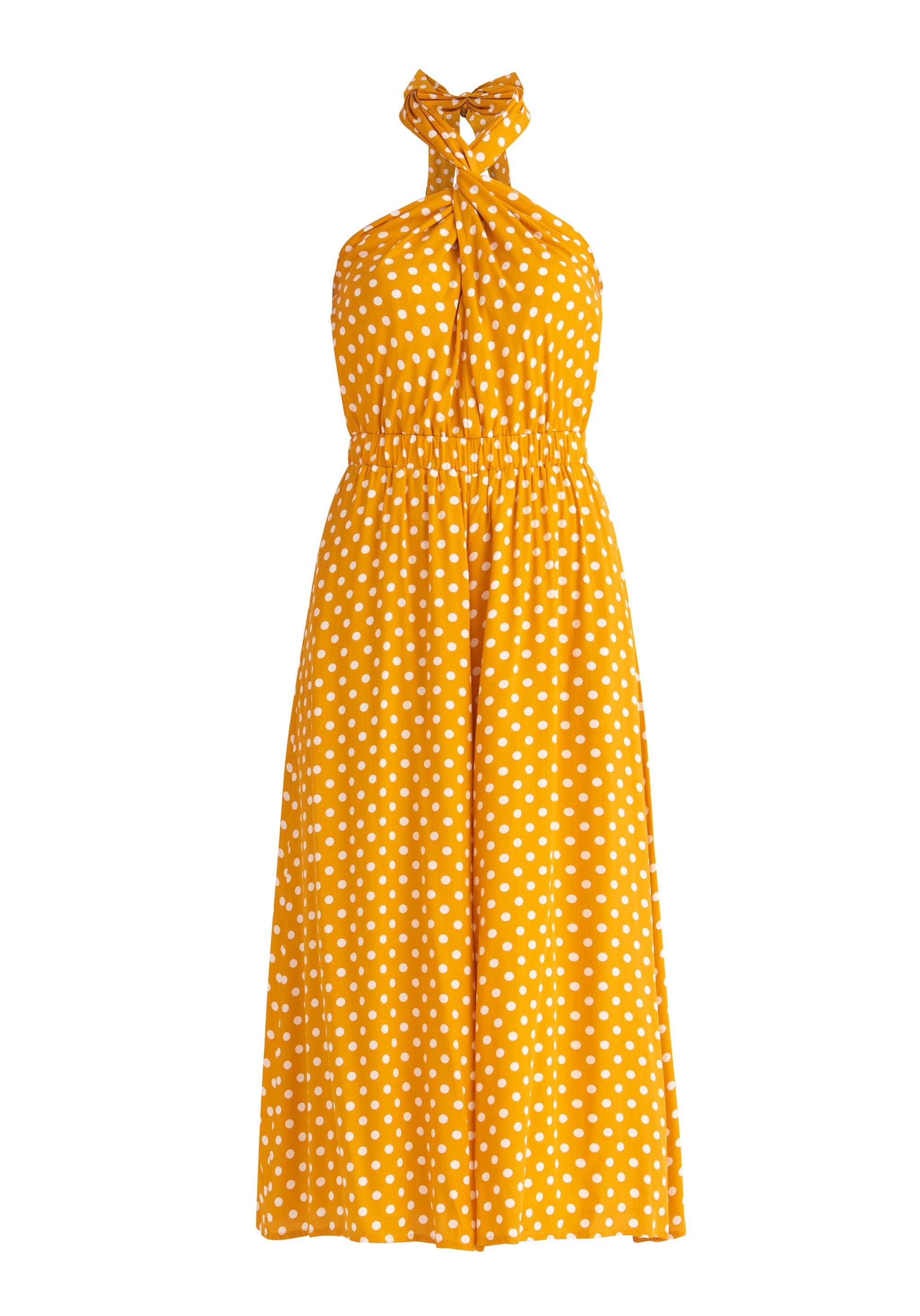 Paisie Polka Dot Halterneck Wrap Jumpsuit in Yellow and White Cut Out