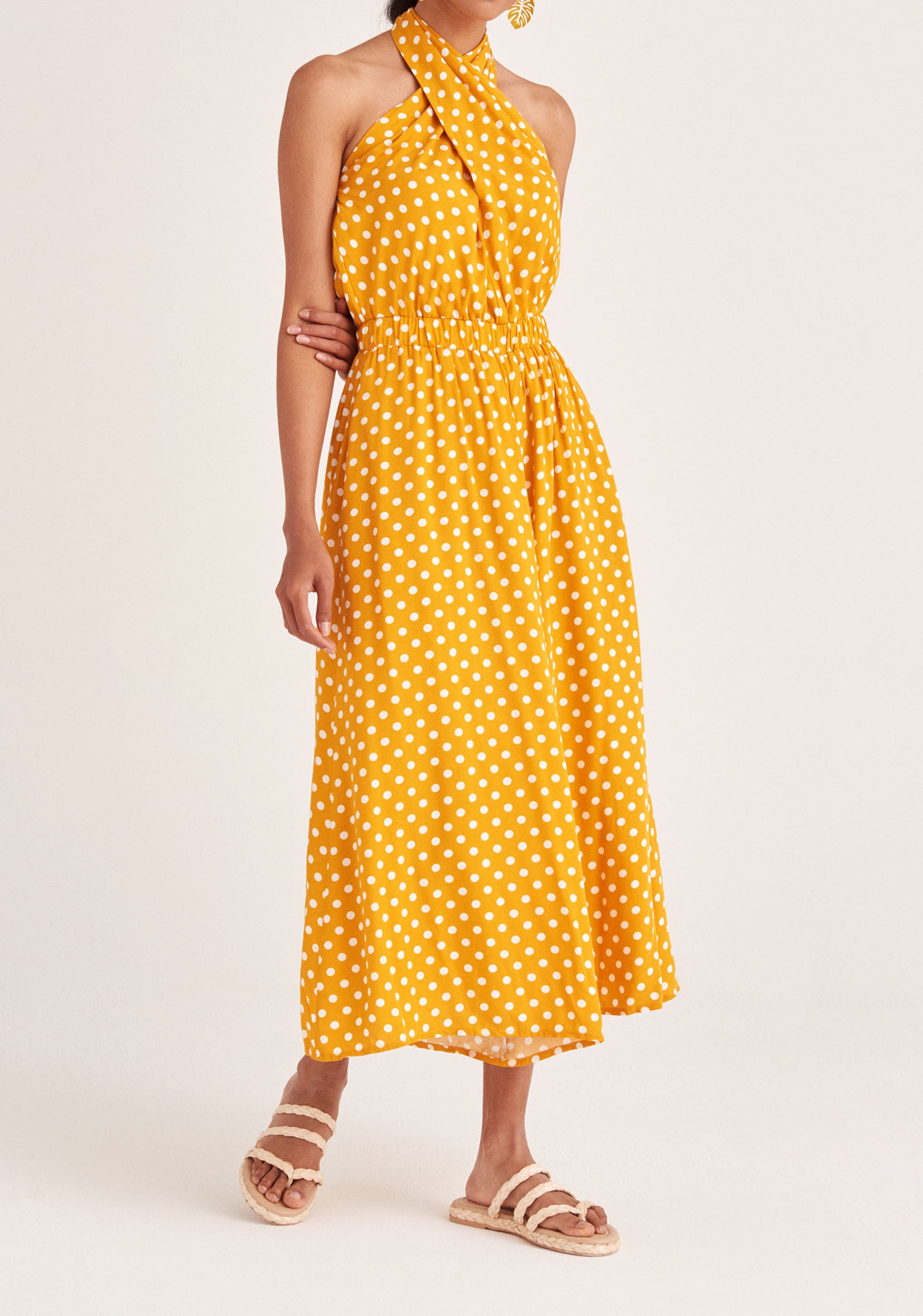 Paisie Polka Dot Halterneck Wrap Jumpsuit in Yellow and White