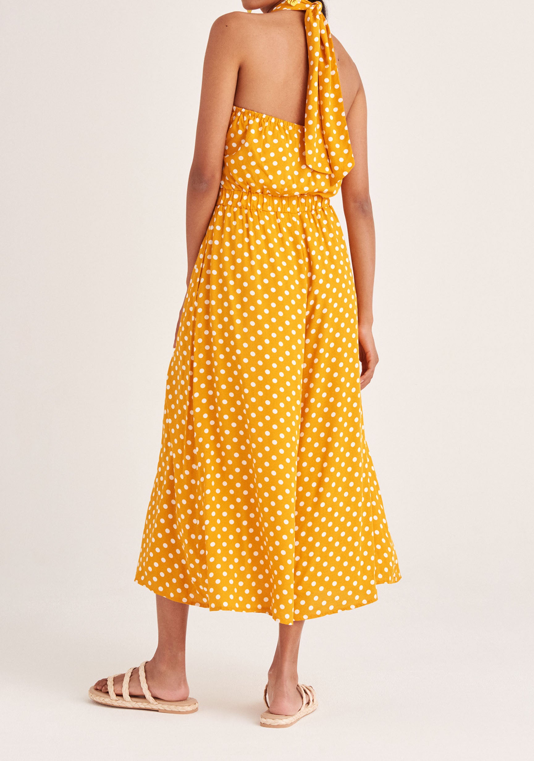 Paisie Polka Dot Halterneck Wrap Jumpsuit in Yellow and White Back