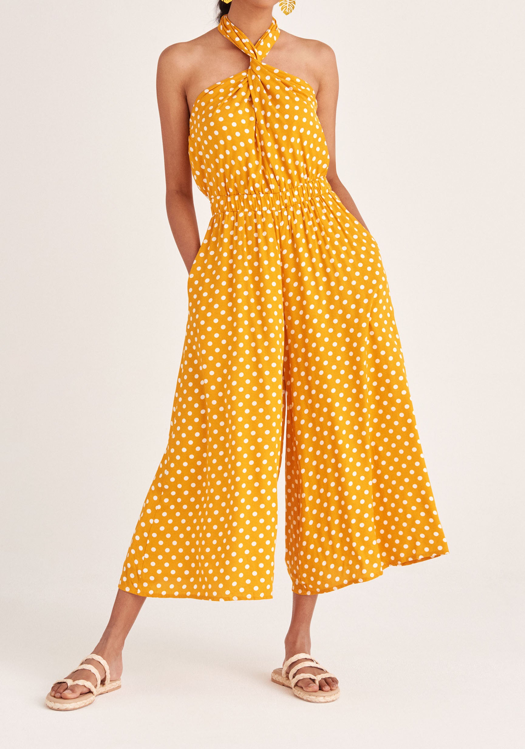 Paisie Polka Dot Halterneck Wrap Jumpsuit in Yellow and White