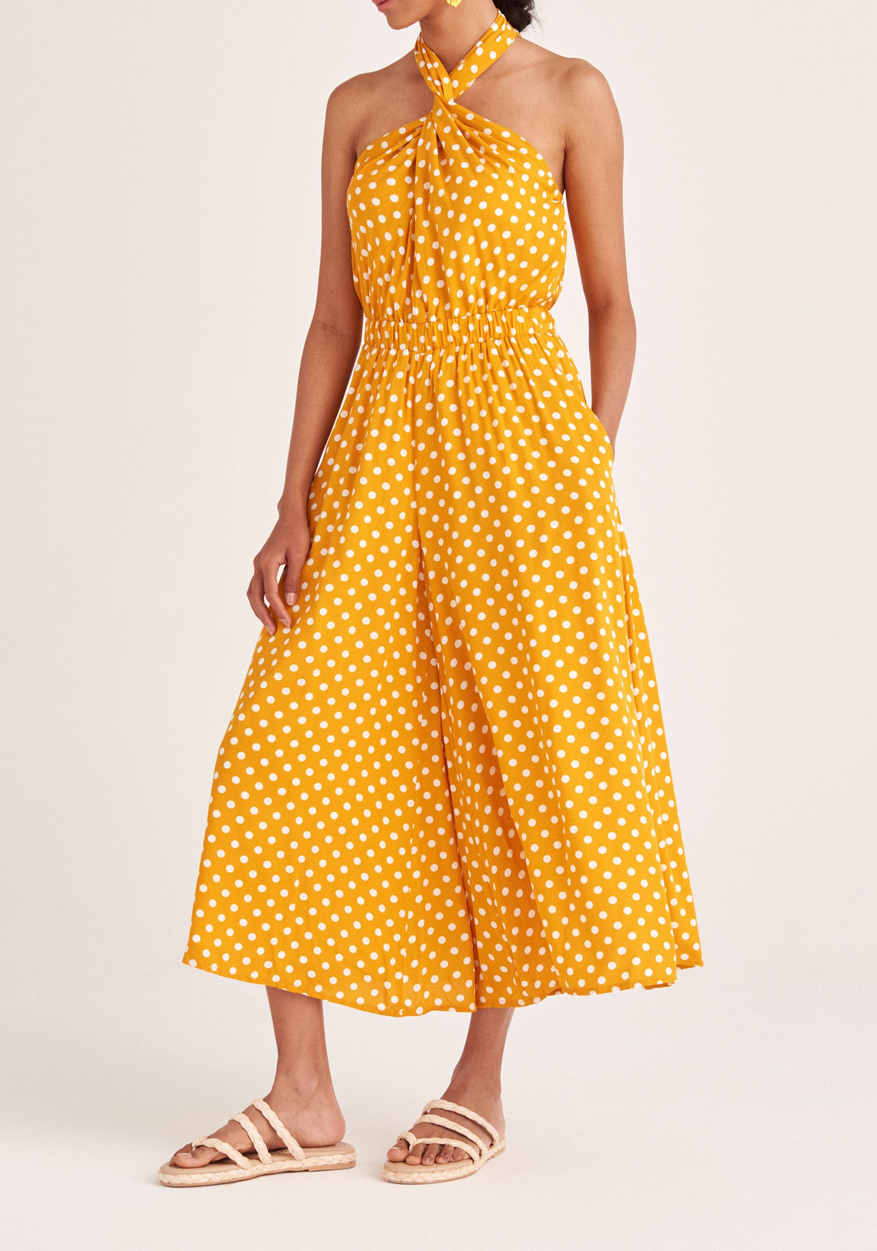 Paisie Polka Dot Halterneck Wrap Jumpsuit in Yellow and White