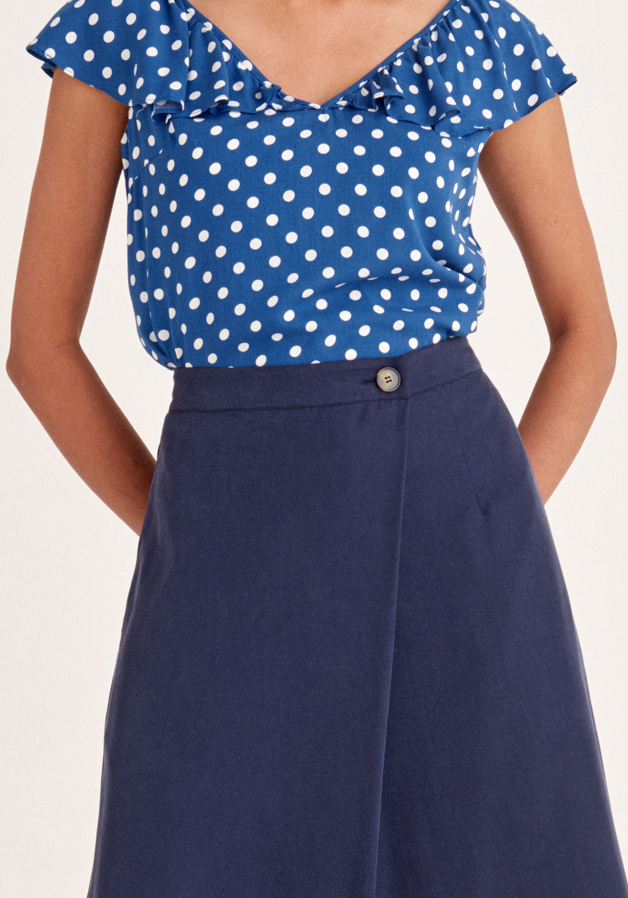 Paisie Tencel Wrap Culottes in Navy Close Up