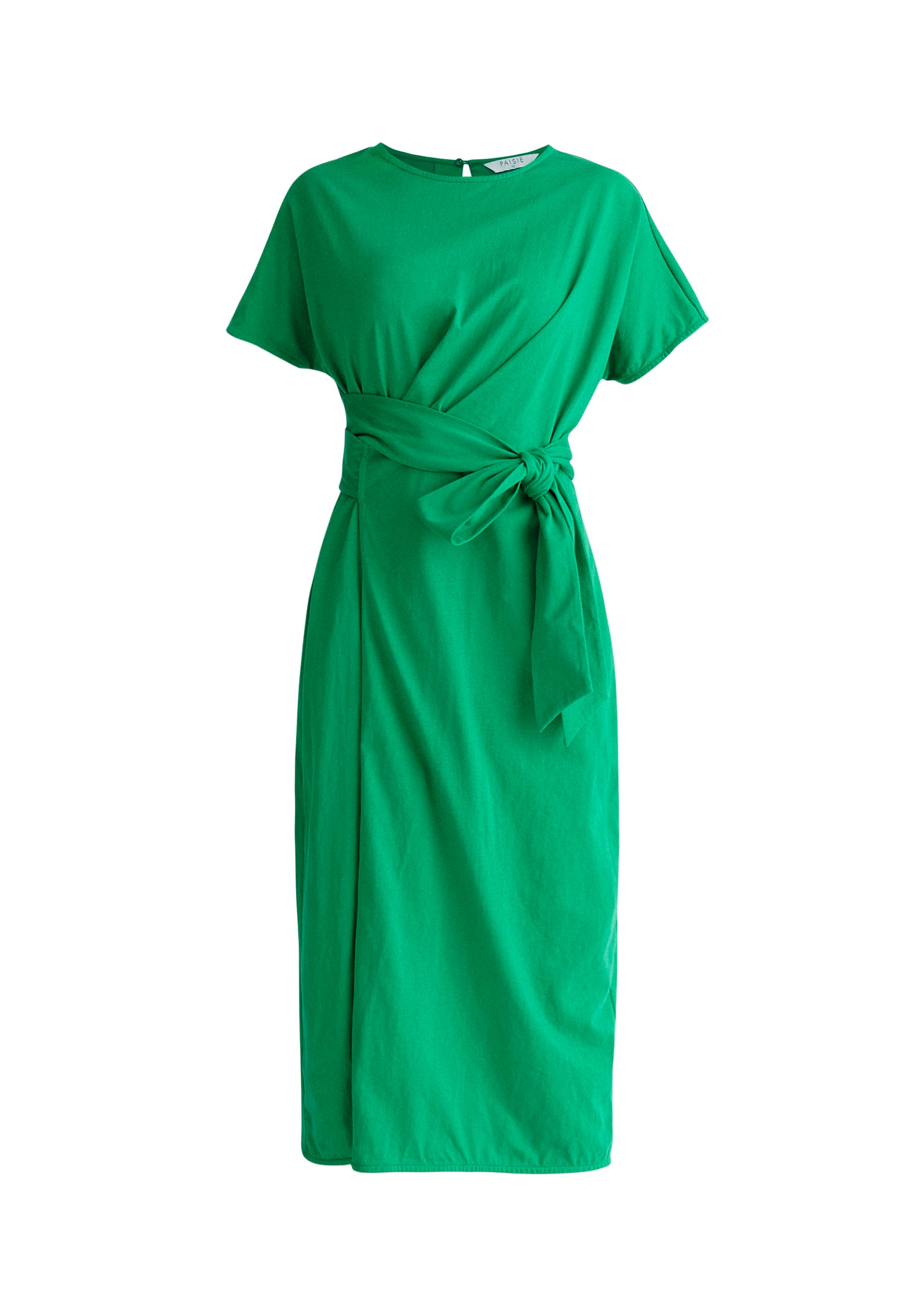 Paisie Short Sleeve Waist Tie Jersey Dress in Green Cut Out