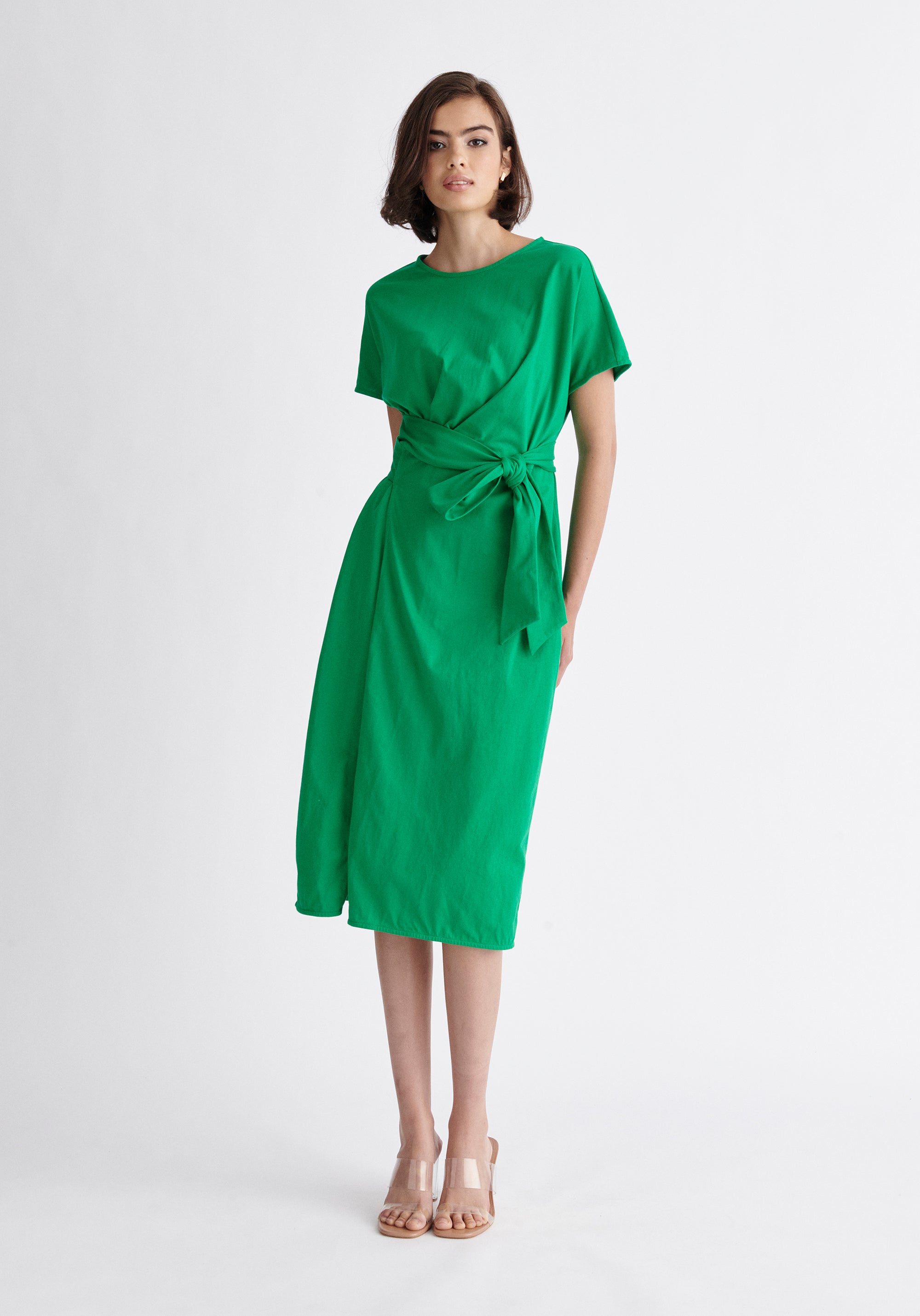 Paisie Short Sleeve Waist Tie Jersey Dress in Green