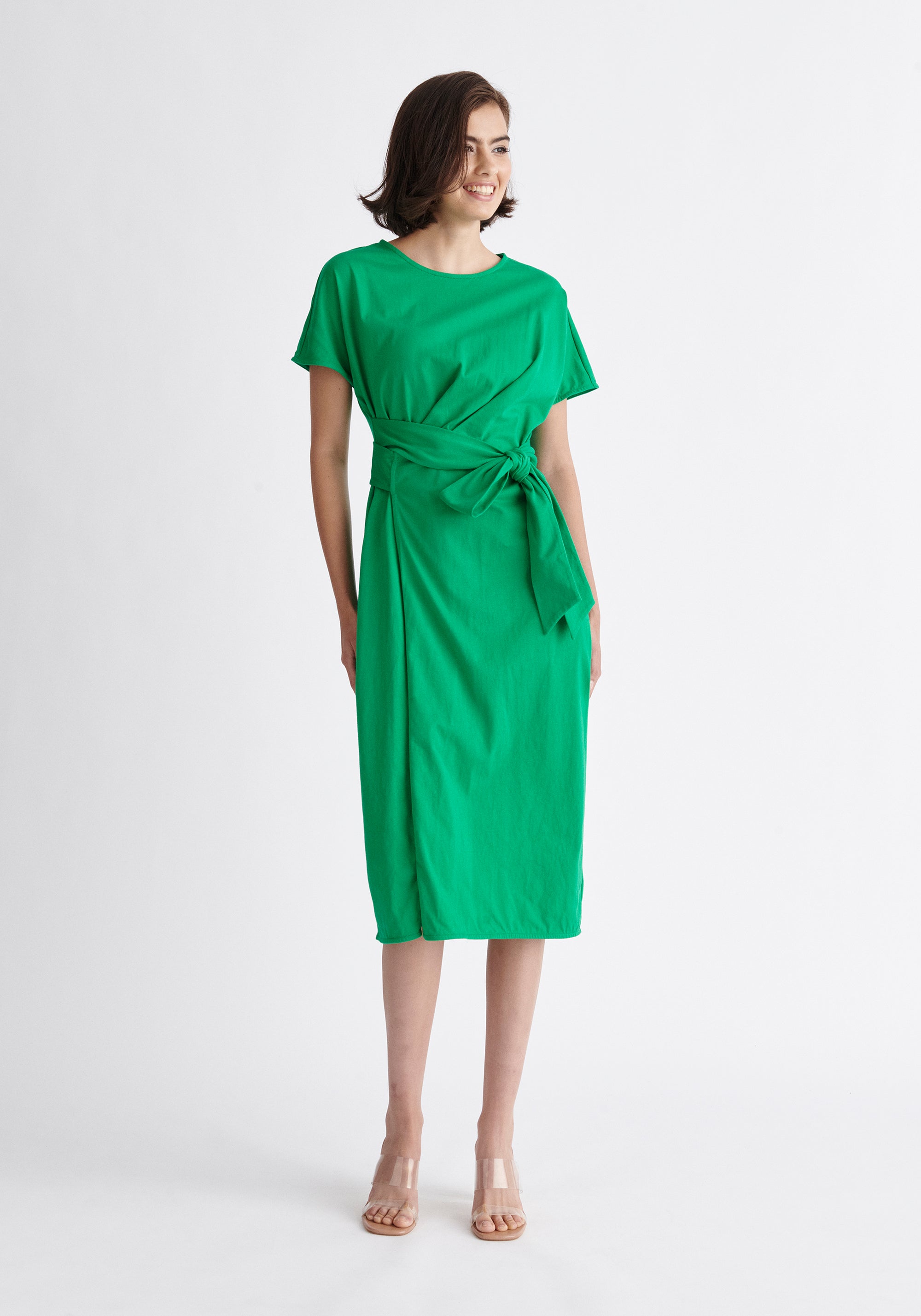 Paisie Short Sleeve Waist Tie Jersey Dress in Green