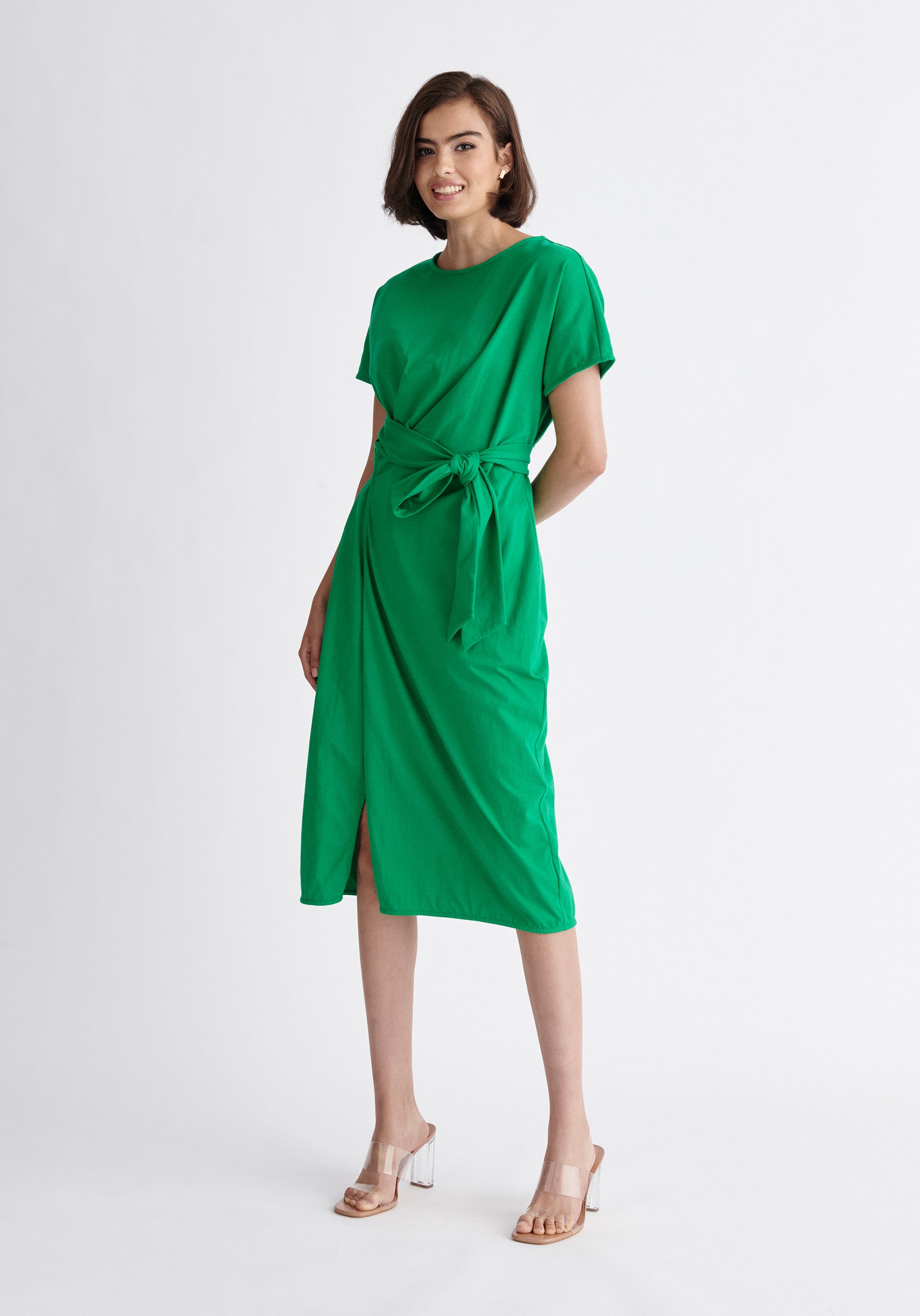 Paisie Short Sleeve Waist Tie Jersey Dress in Green