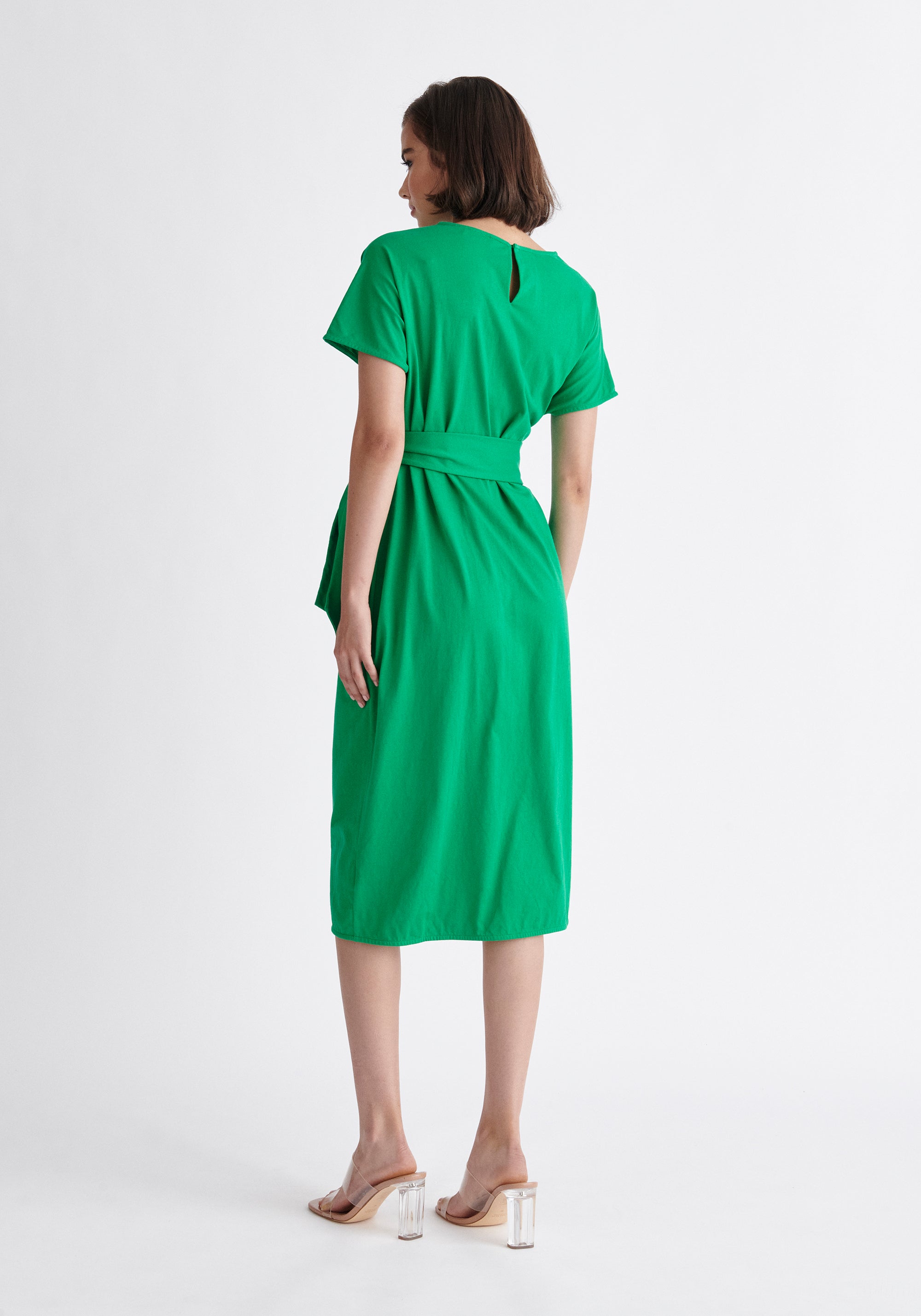 Paisie Short Sleeve Waist Tie Jersey Dress in Green Back