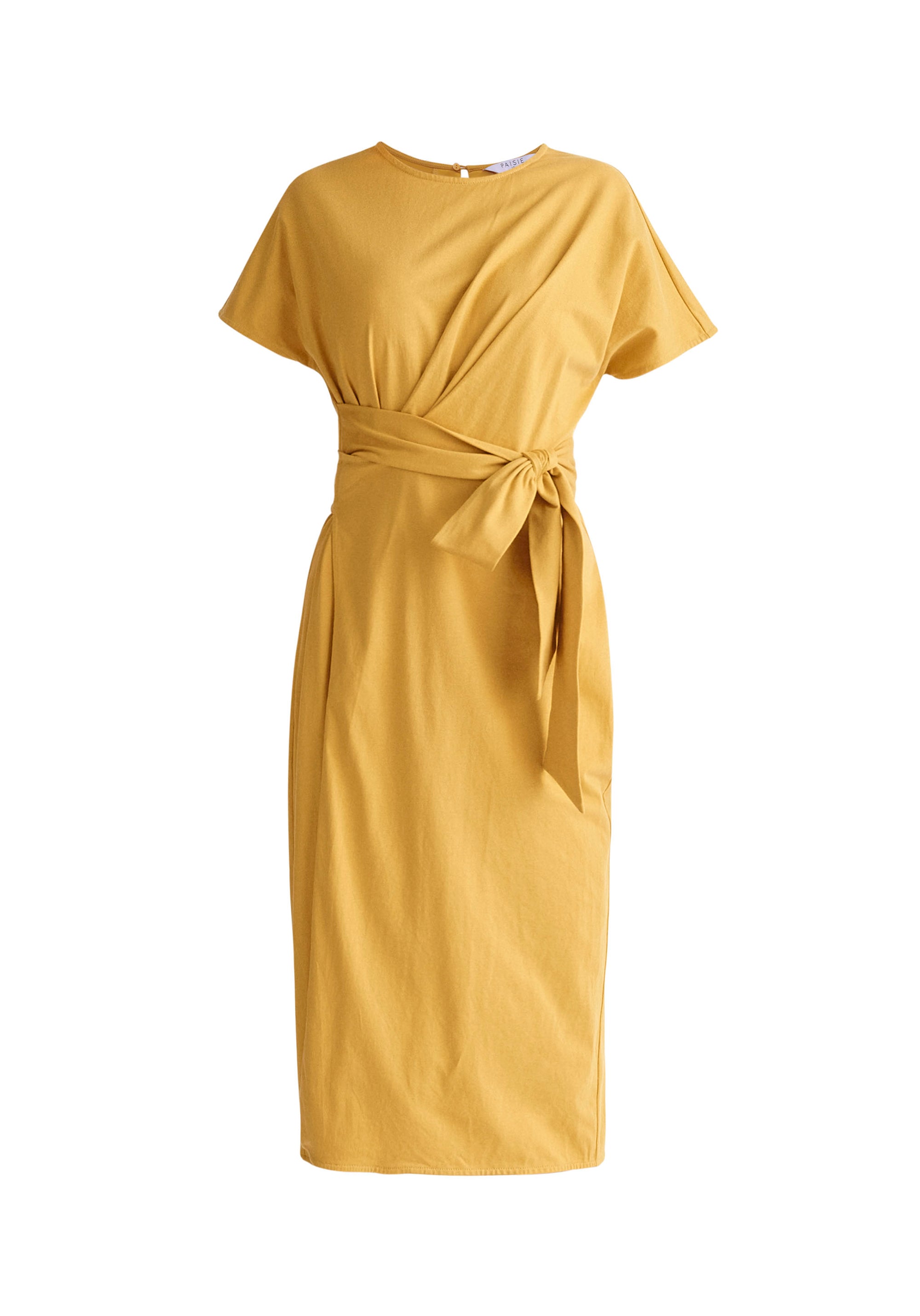 Paisie Short Sleeve Waist Tie Jersey Dress in Yellow Cut Out