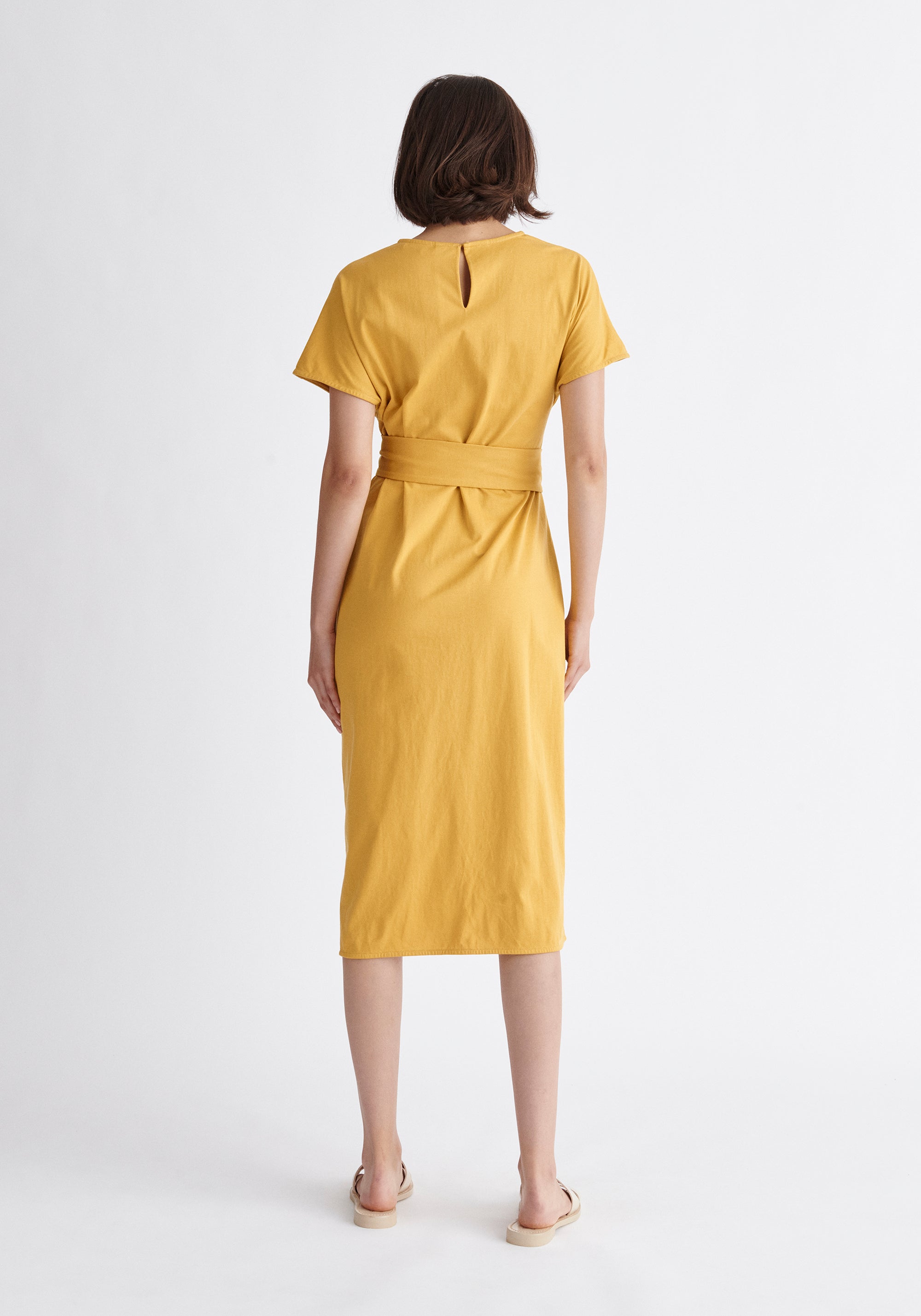 Paisie Short Sleeve Waist Tie Jersey Dress in Yellow Back