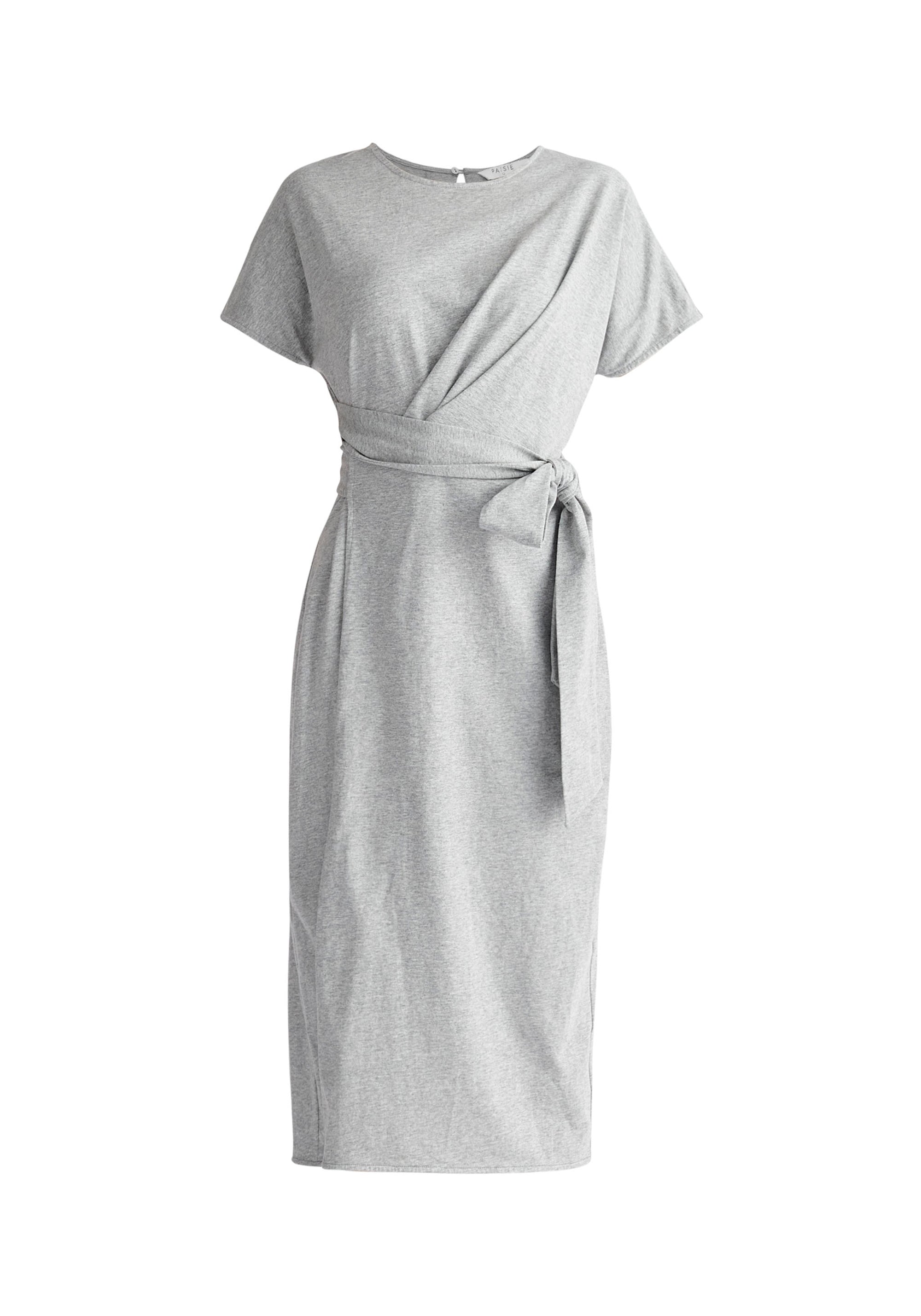 Paisie Short Sleeve Waist Tie Jersey Dress in Light Grey Cut Out