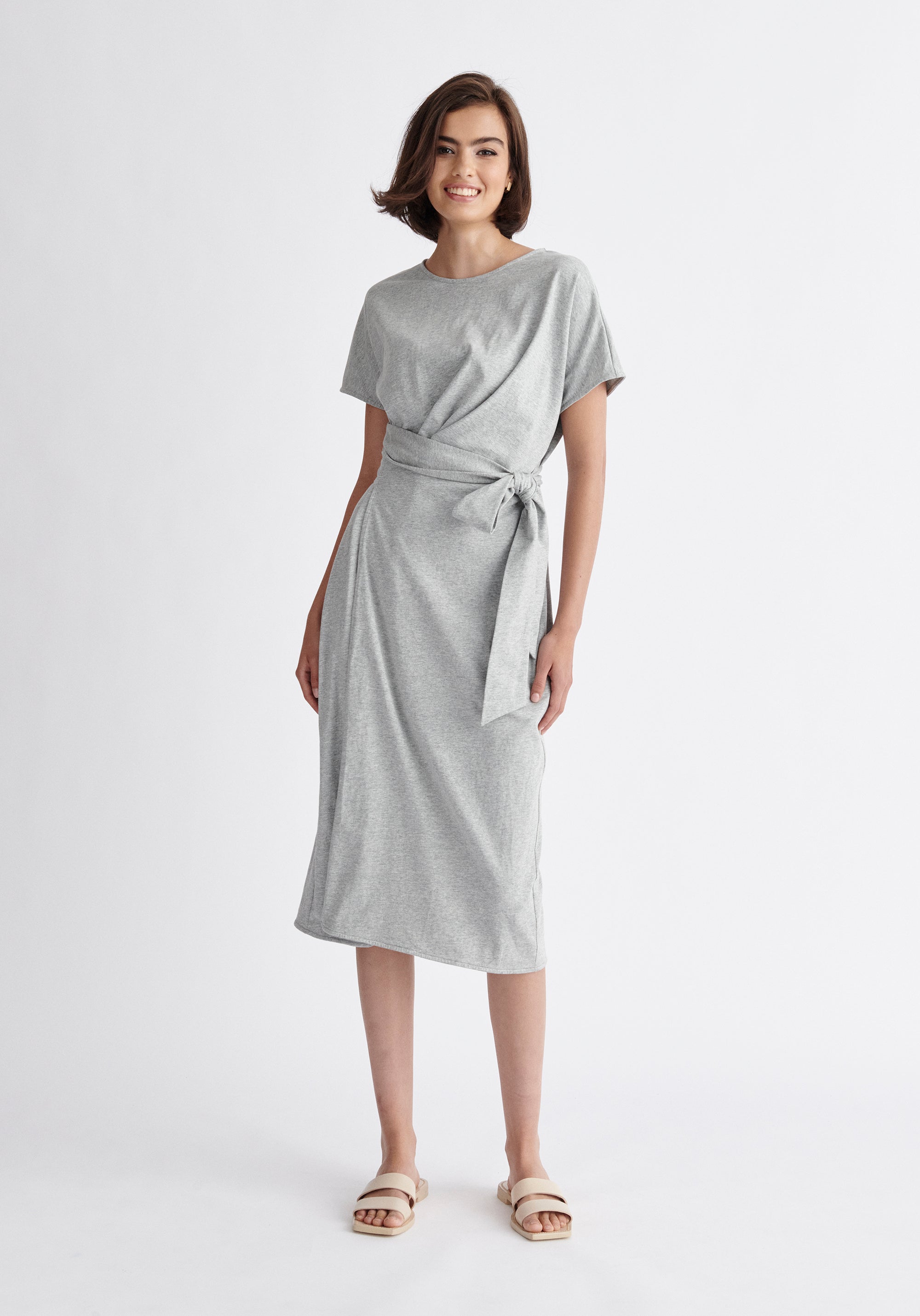 Paisie Short Sleeve Waist Tie Jersey Dress in Light Grey