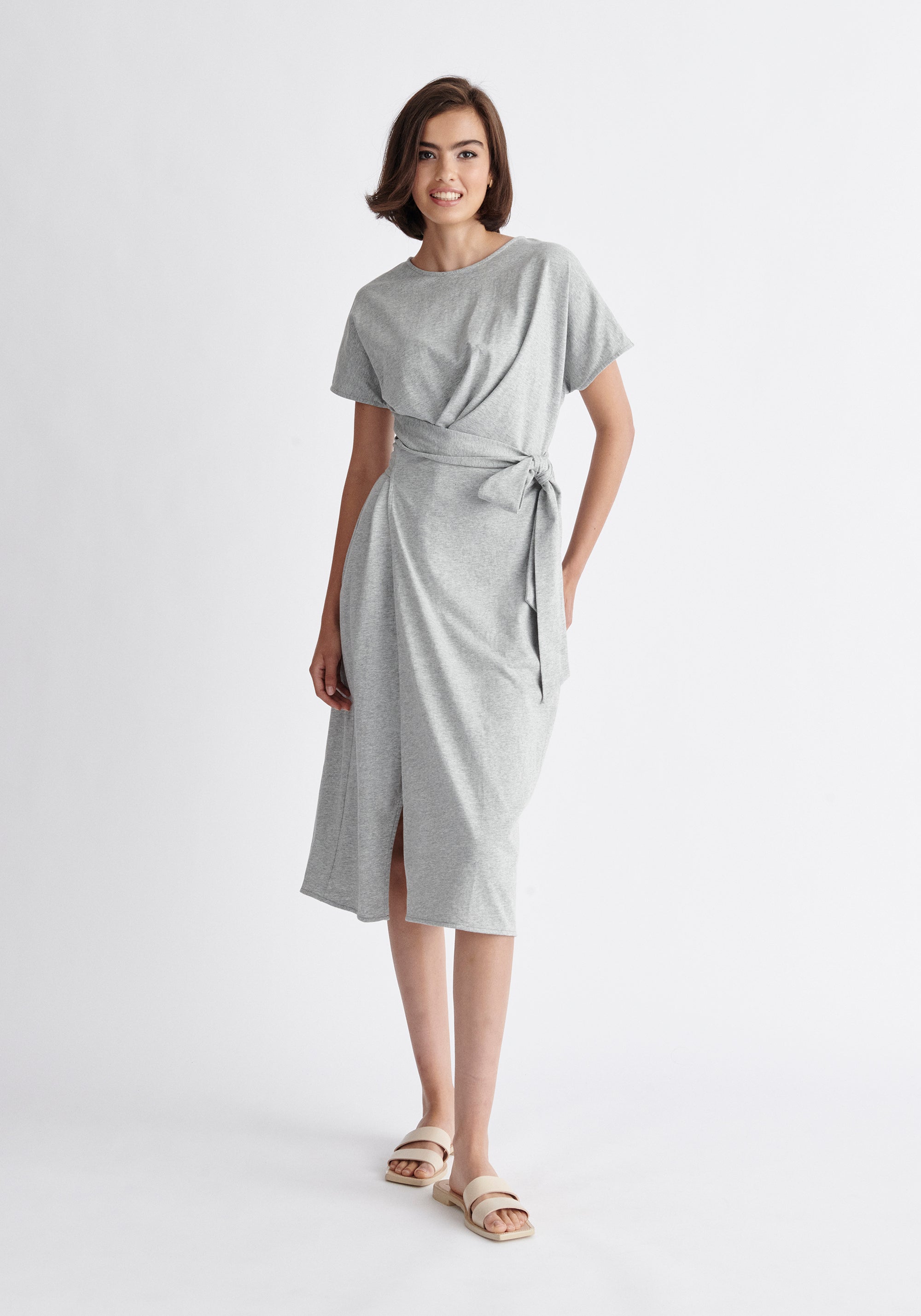 Paisie Short Sleeve Waist Tie Jersey Dress in Light Grey