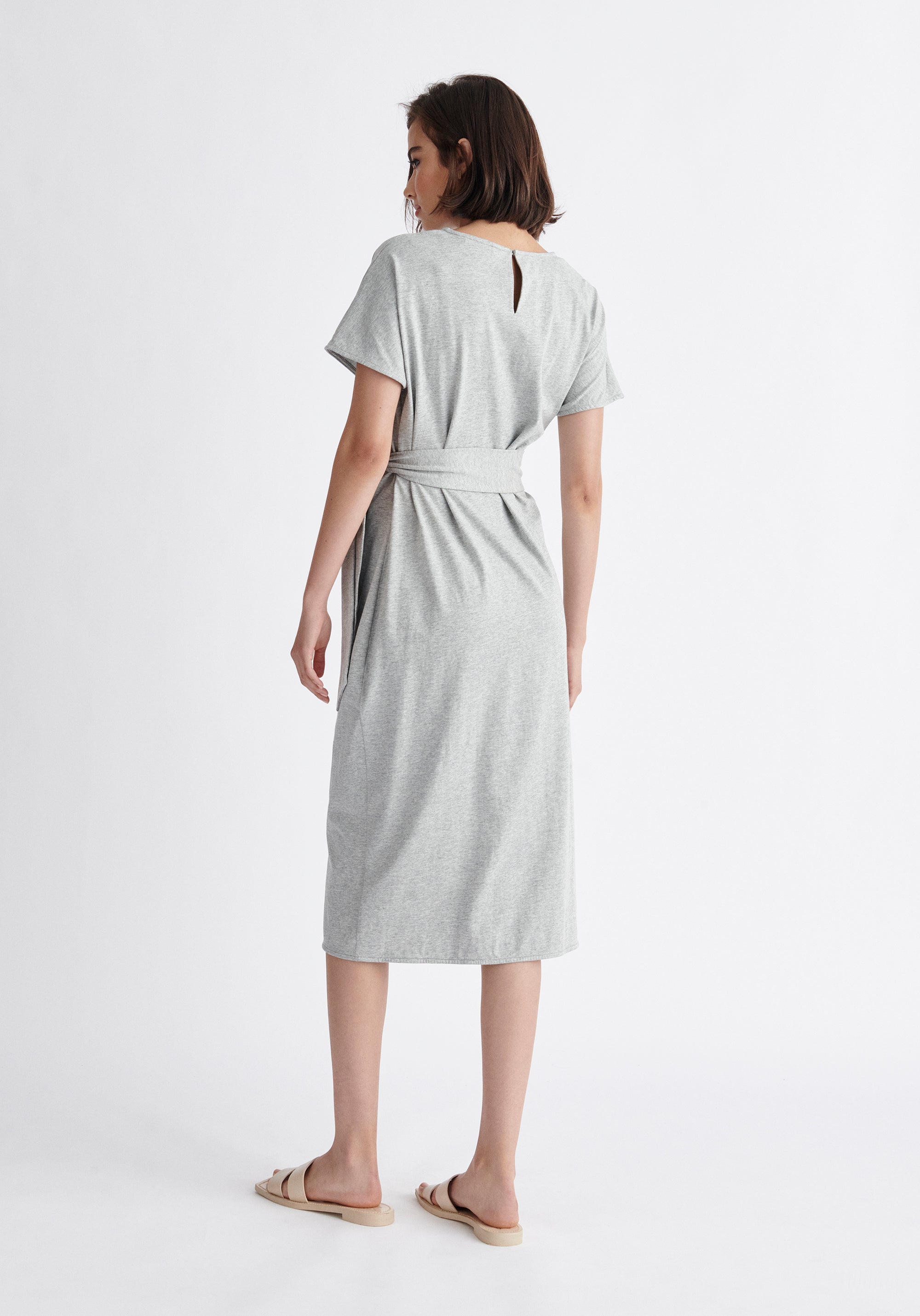 Paisie Short Sleeve Waist Tie Jersey Dress in Light Grey Back