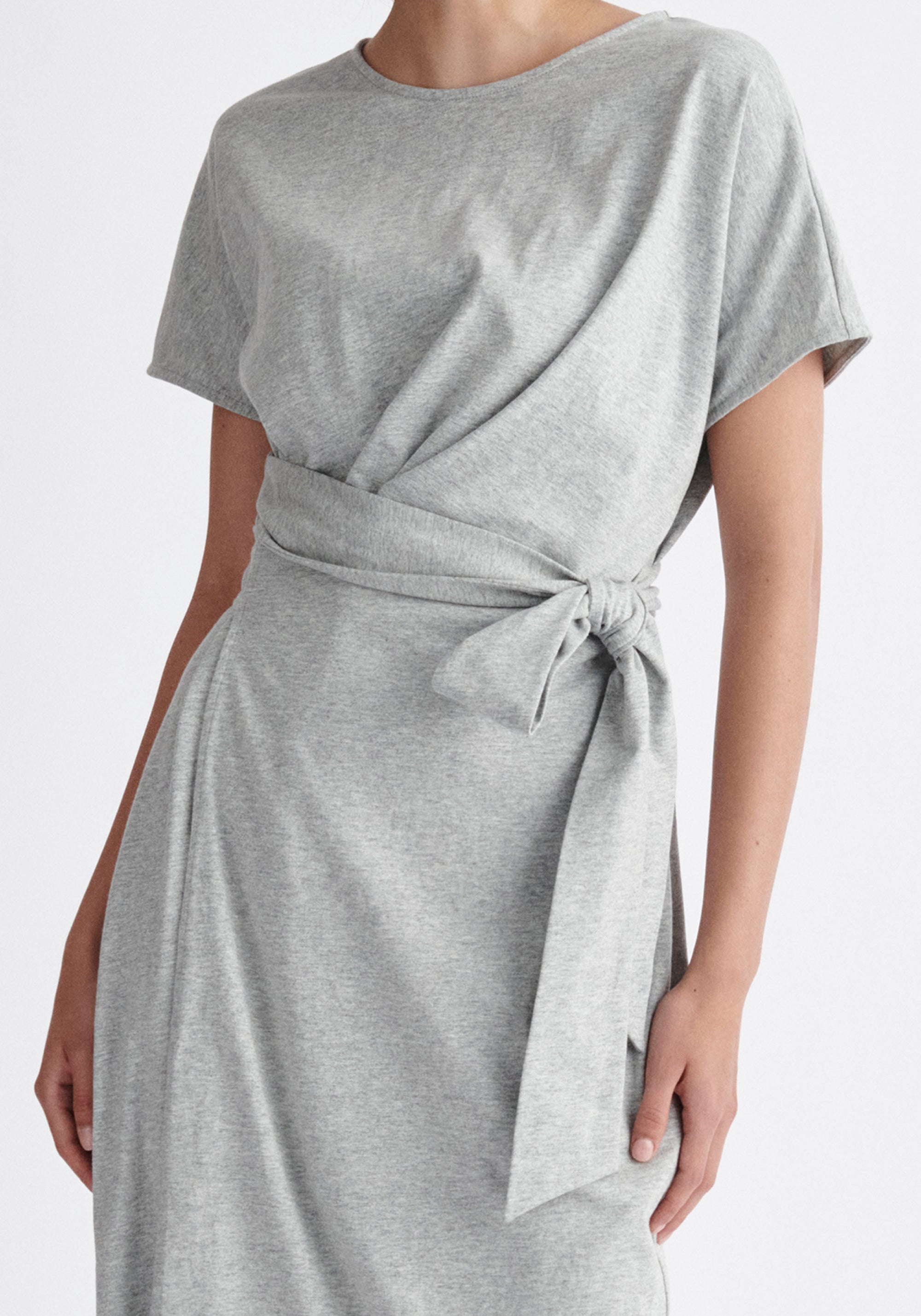 Paisie Short Sleeve Waist Tie Jersey Dress in Light Grey Close Up