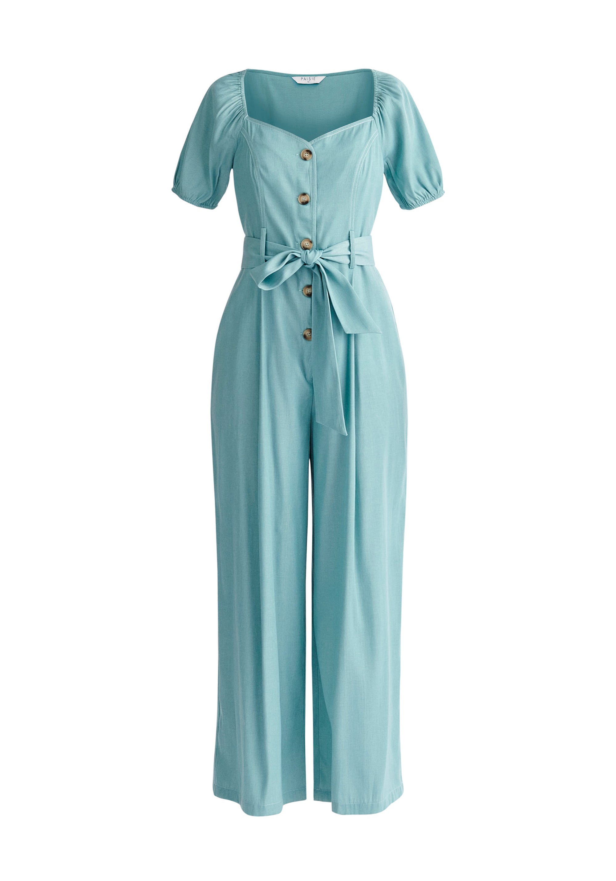 Paisie Puff Sleeve Sweetheart Jumpsuit in Teal Cut Out