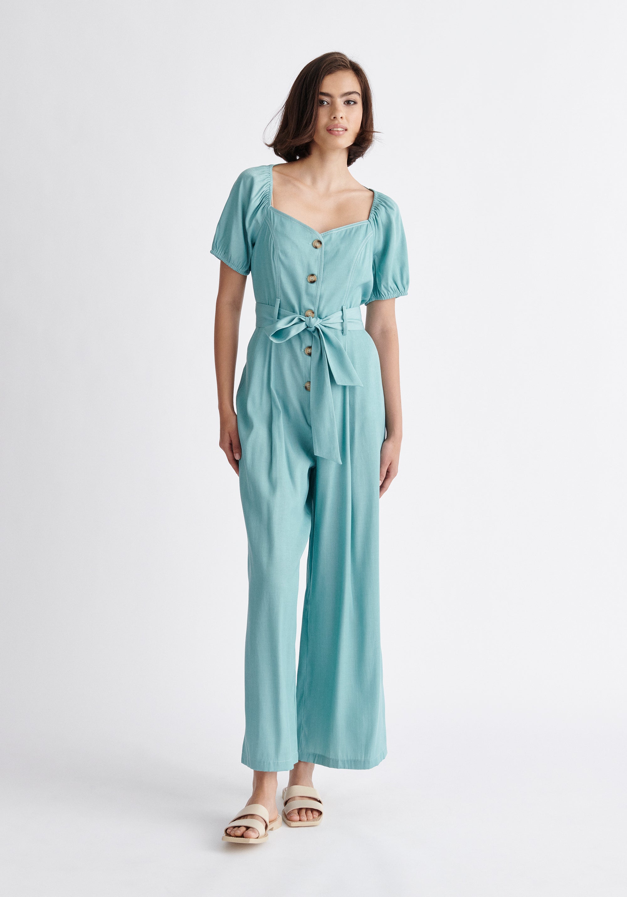 Paisie Puff Sleeve Sweetheart Jumpsuit in Teal