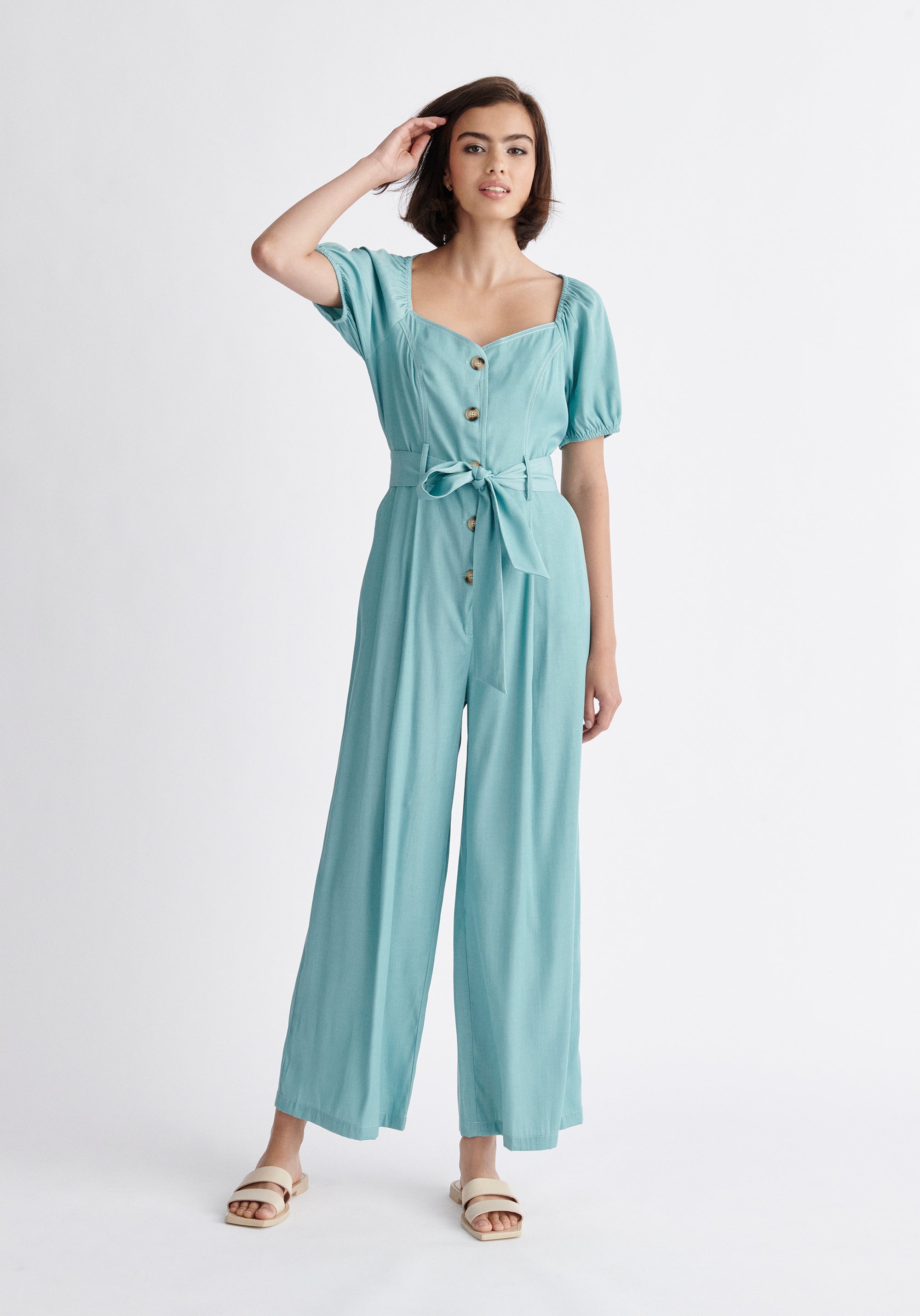 Paisie Puff Sleeve Sweetheart Jumpsuit in Teal