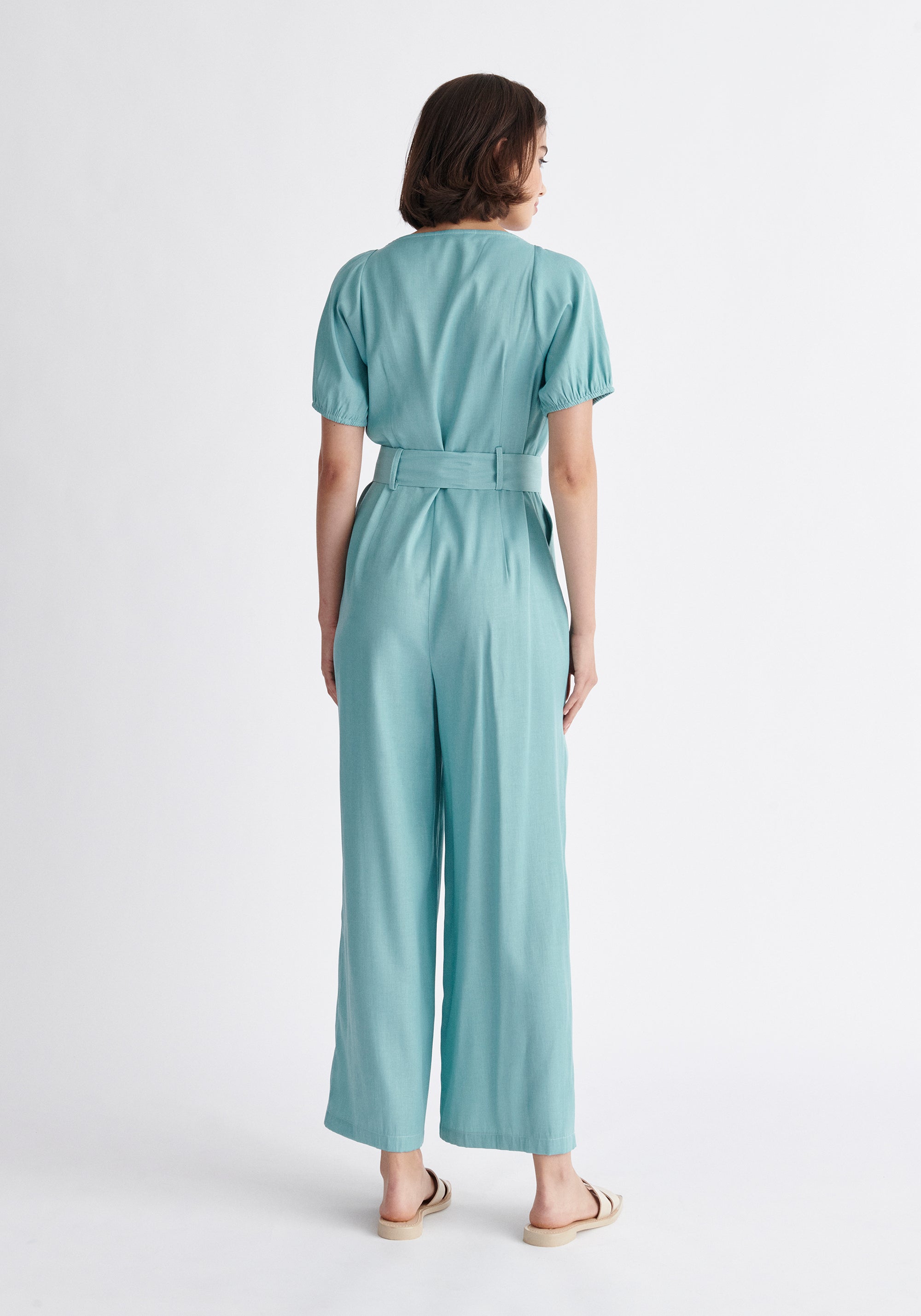 Paisie Puff Sleeve Sweetheart Jumpsuit in Teal Back